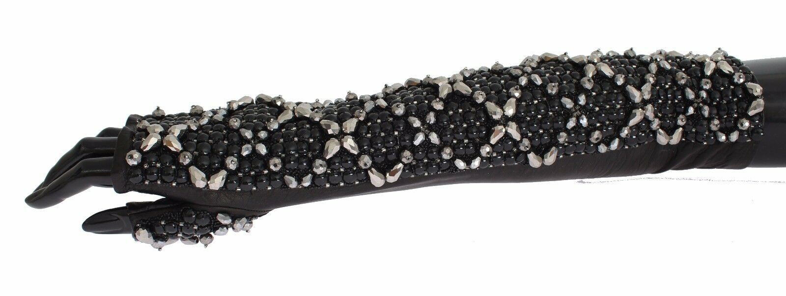Dolce & Gabbana Schwarze Leder Kristall Perlen Finger frei Handschuhe