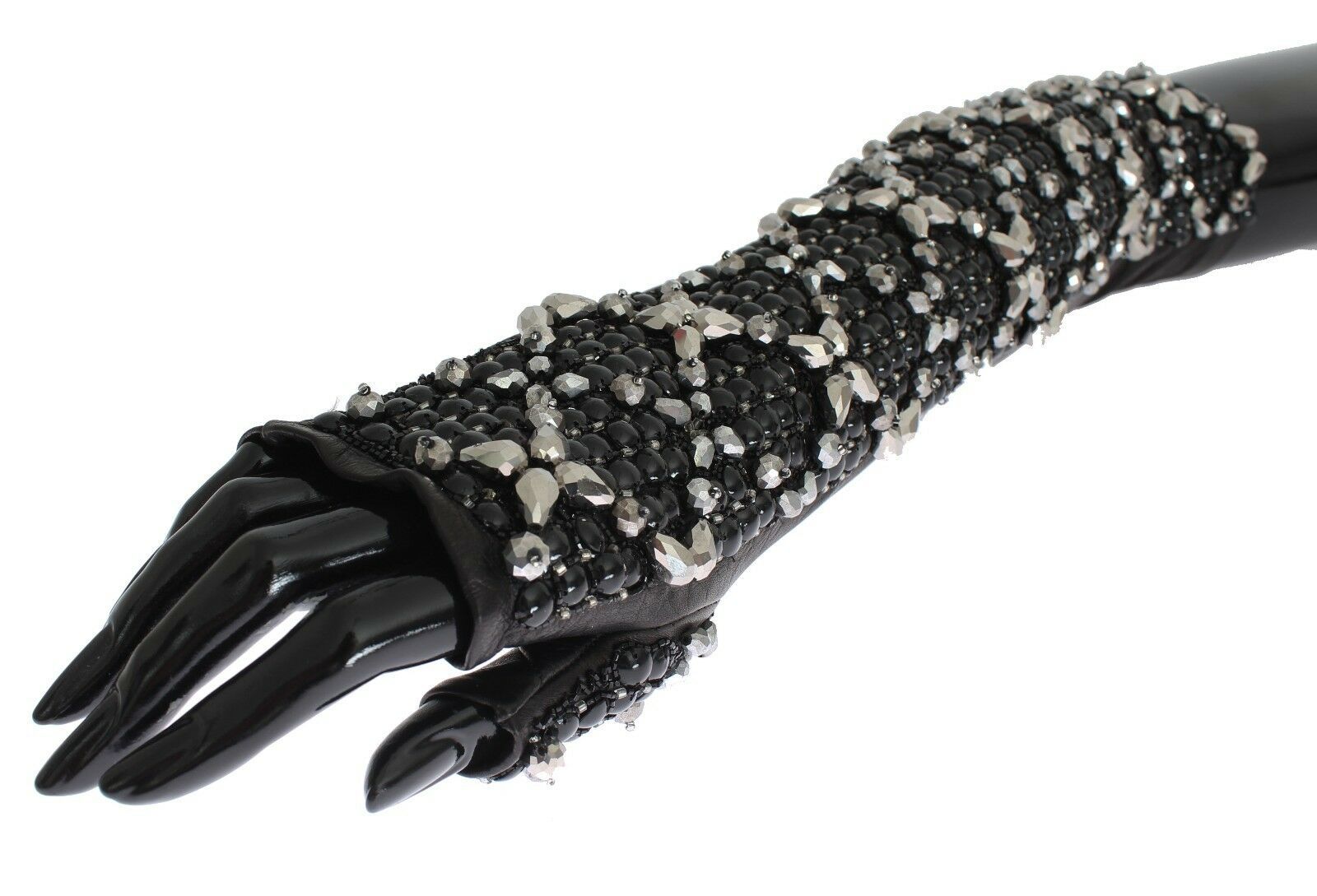 Dolce & Gabbana Schwarze Leder Kristall Perlen Finger frei Handschuhe