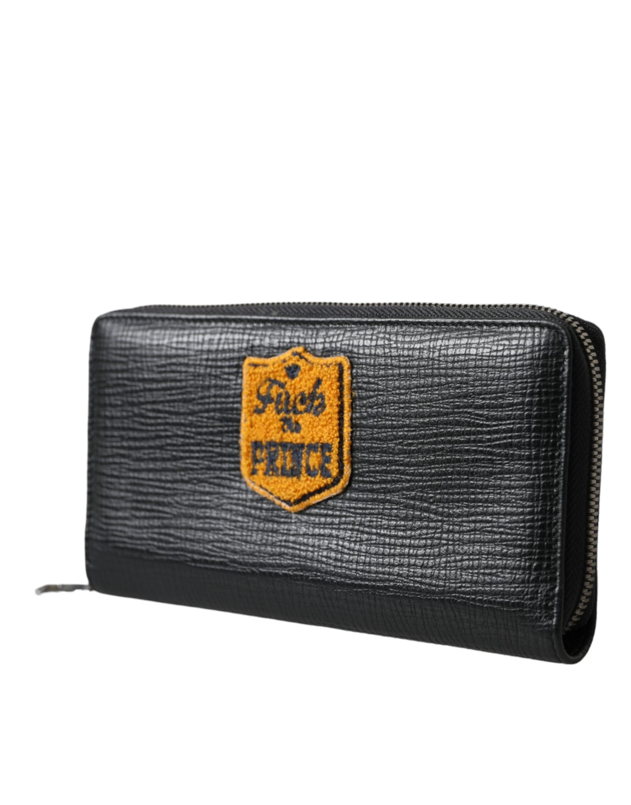 Dolce & Gabbana Schwarzes Leder Logo Patch Zip Around Continental Brieftasche