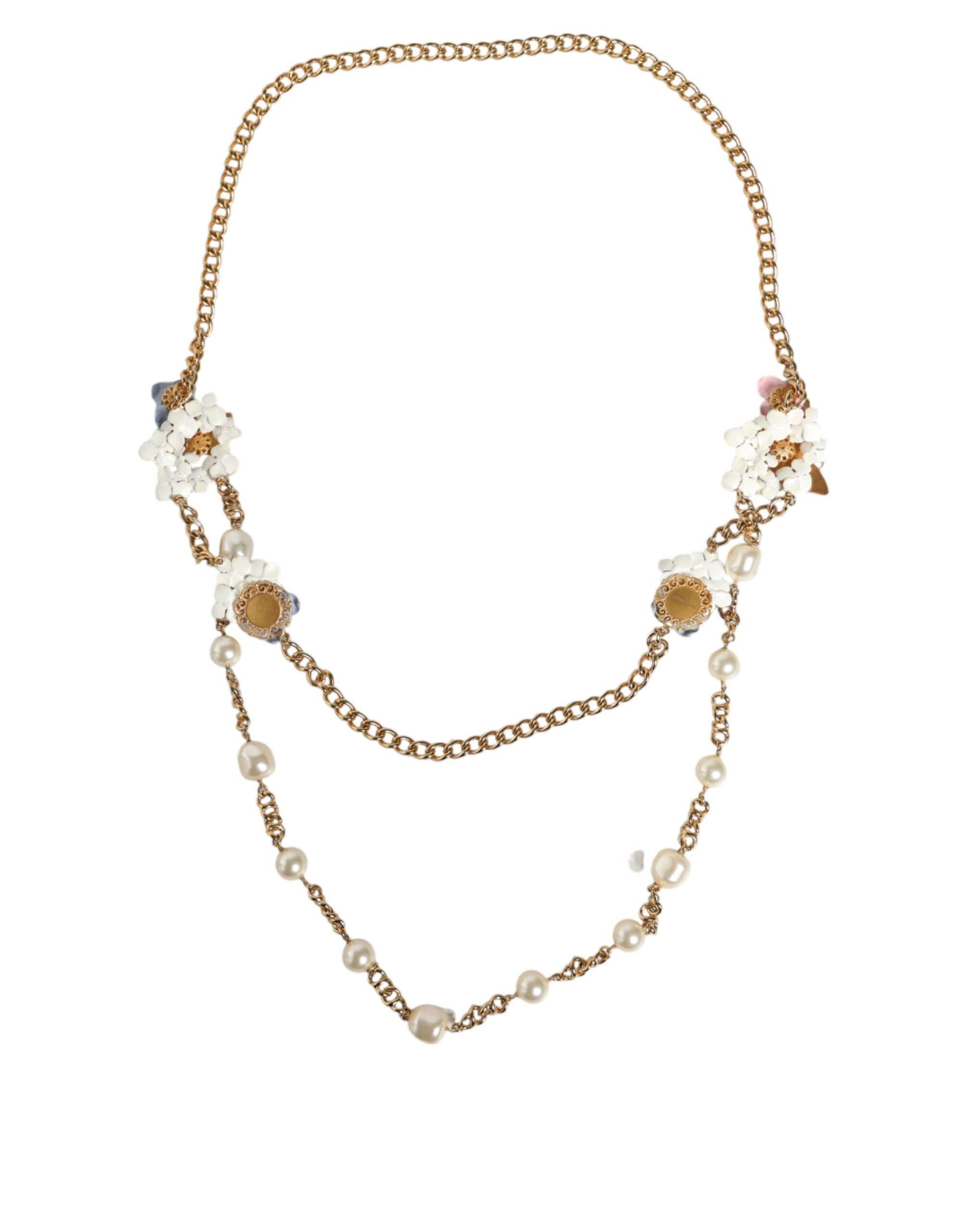Dolce & Gabbana Gold Kette Messing Floral Geschichtet Kristall Perlenkette