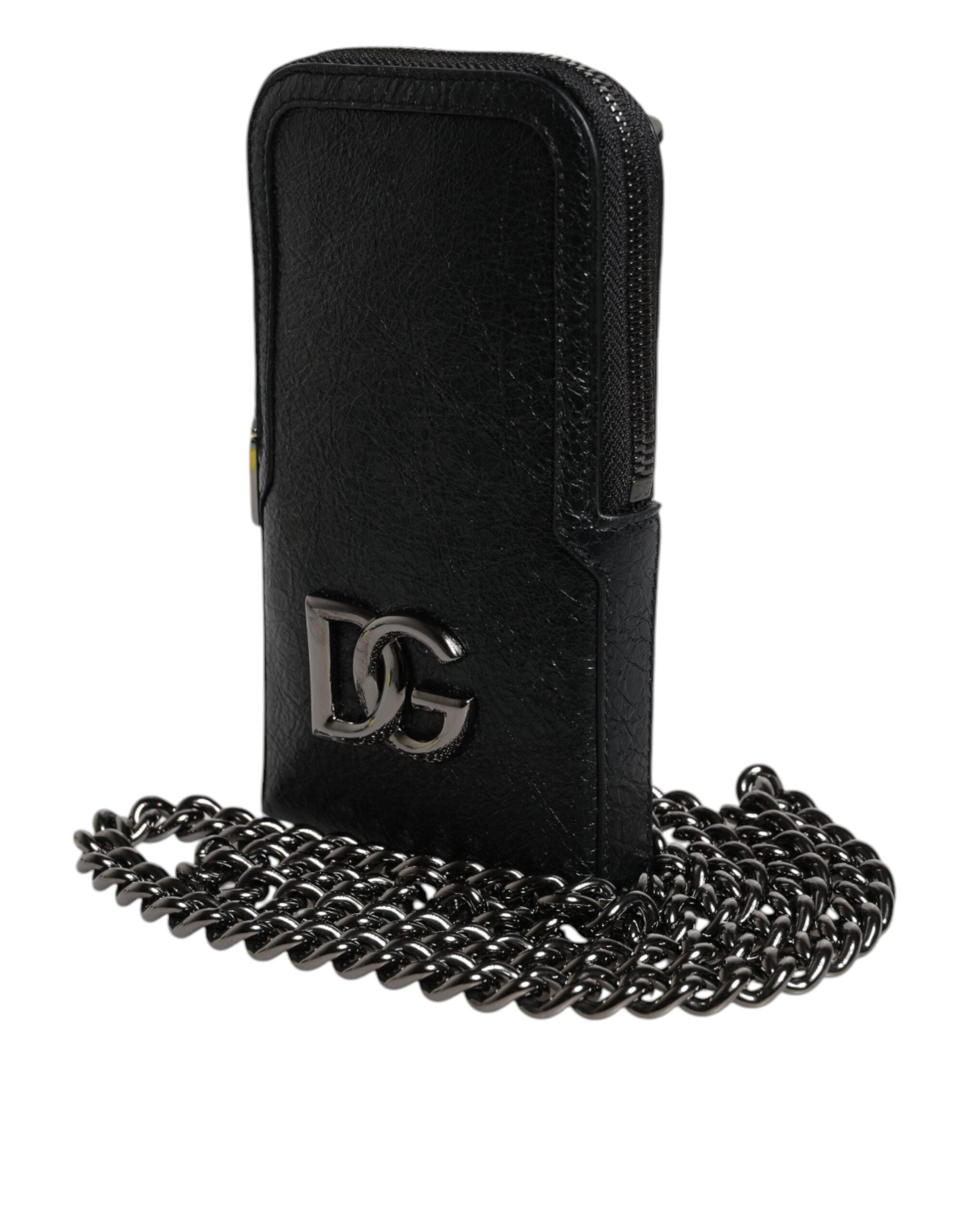 Dolce & Gabbana Schwarzes Leder Portemonnaie Crossbody Chain Sling Phone Bag