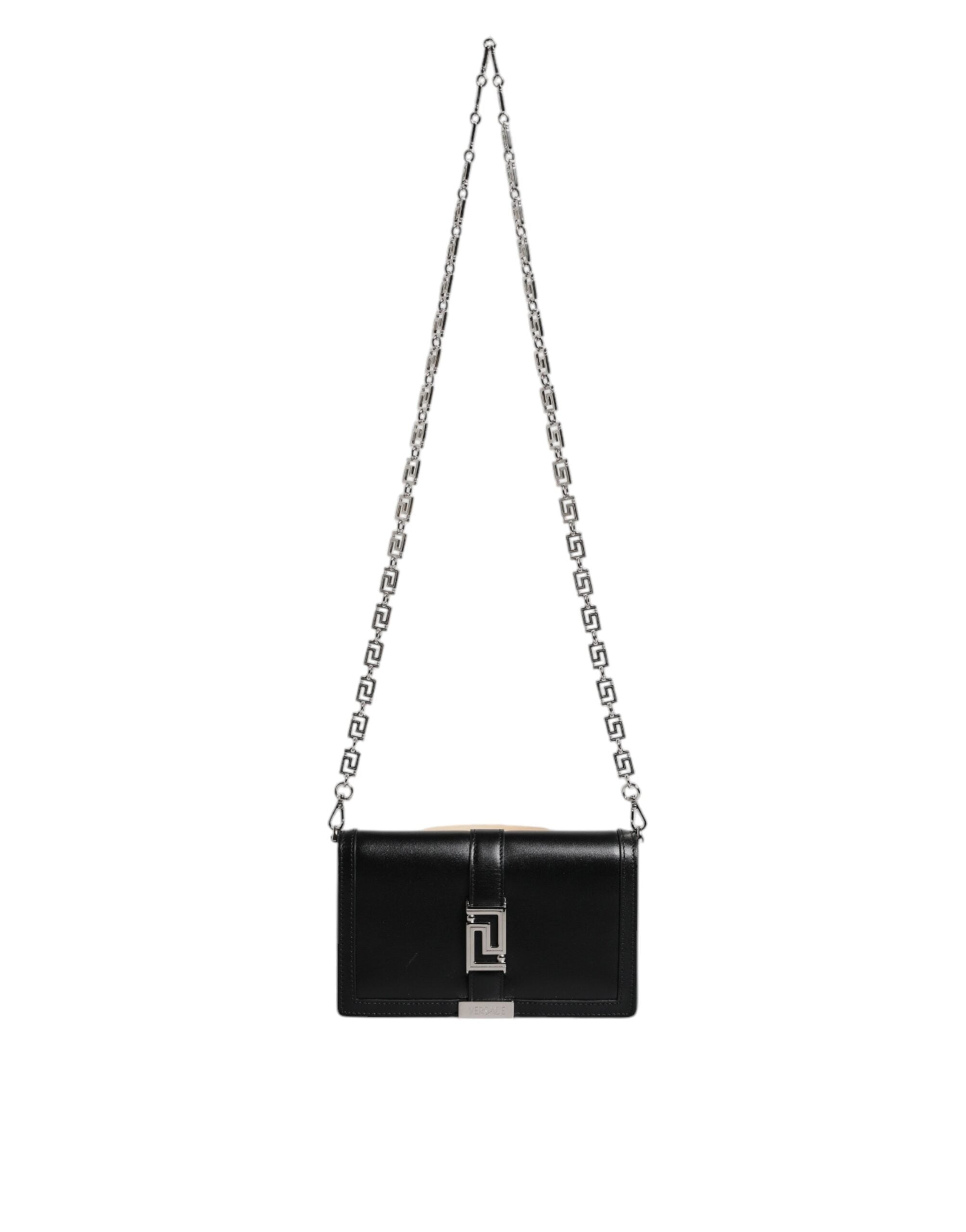 Versace Schwarze Kalbsleder-Kettenriemen-Schulter-Crossbody-Tasche