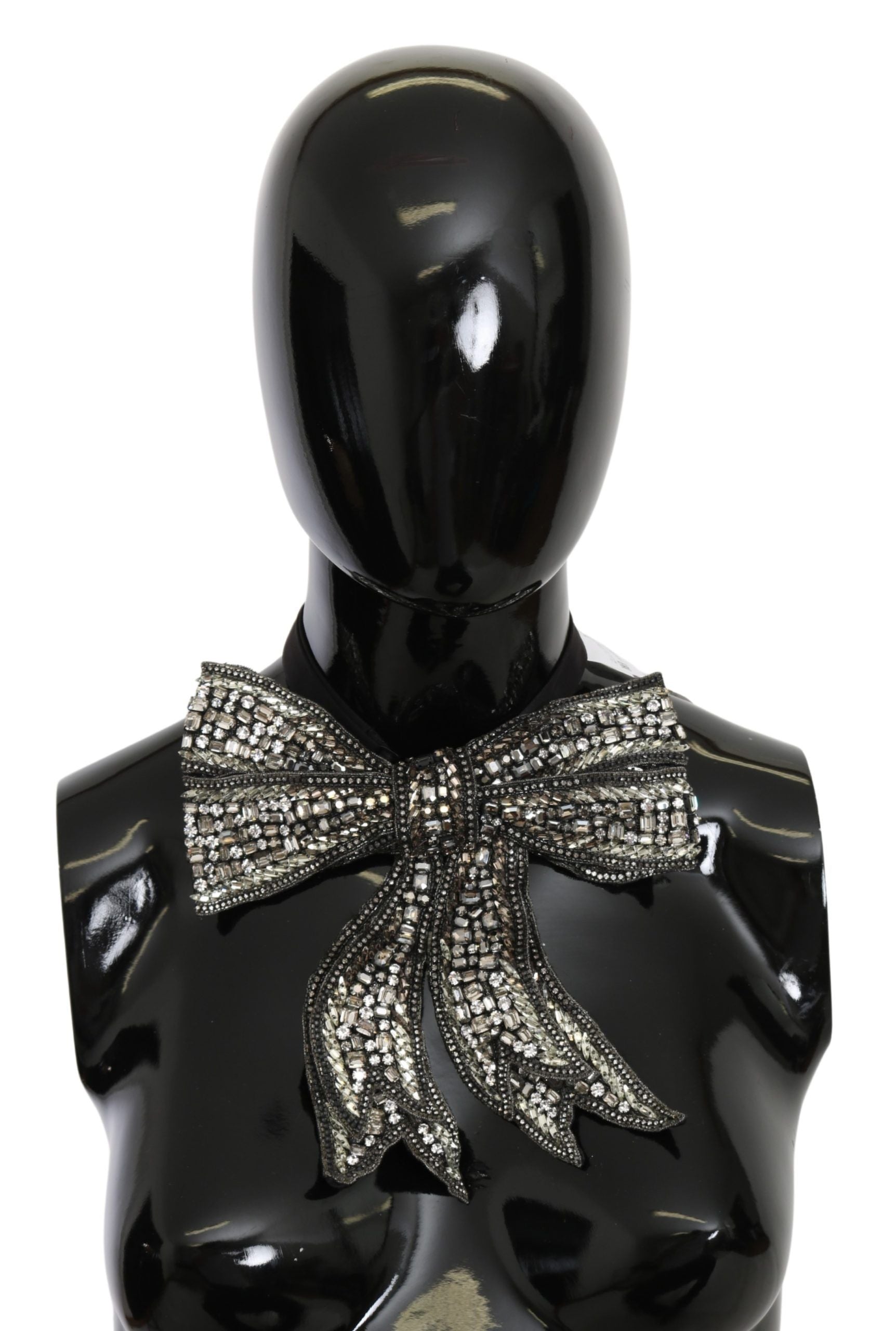Dolce & Gabbana Silberne Kristall Perlen Pailletten 100% Seide Laufsteg Halskette Bowtie
