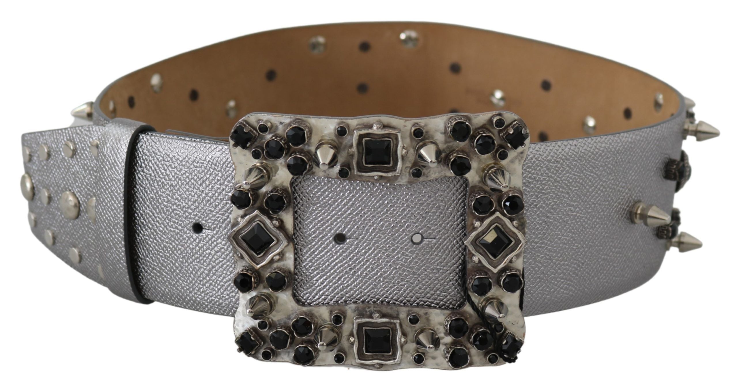 Dolce & Gabbana Silberner Leder-Gürtel mit Logo-Schnalle und Kristall-Nieten