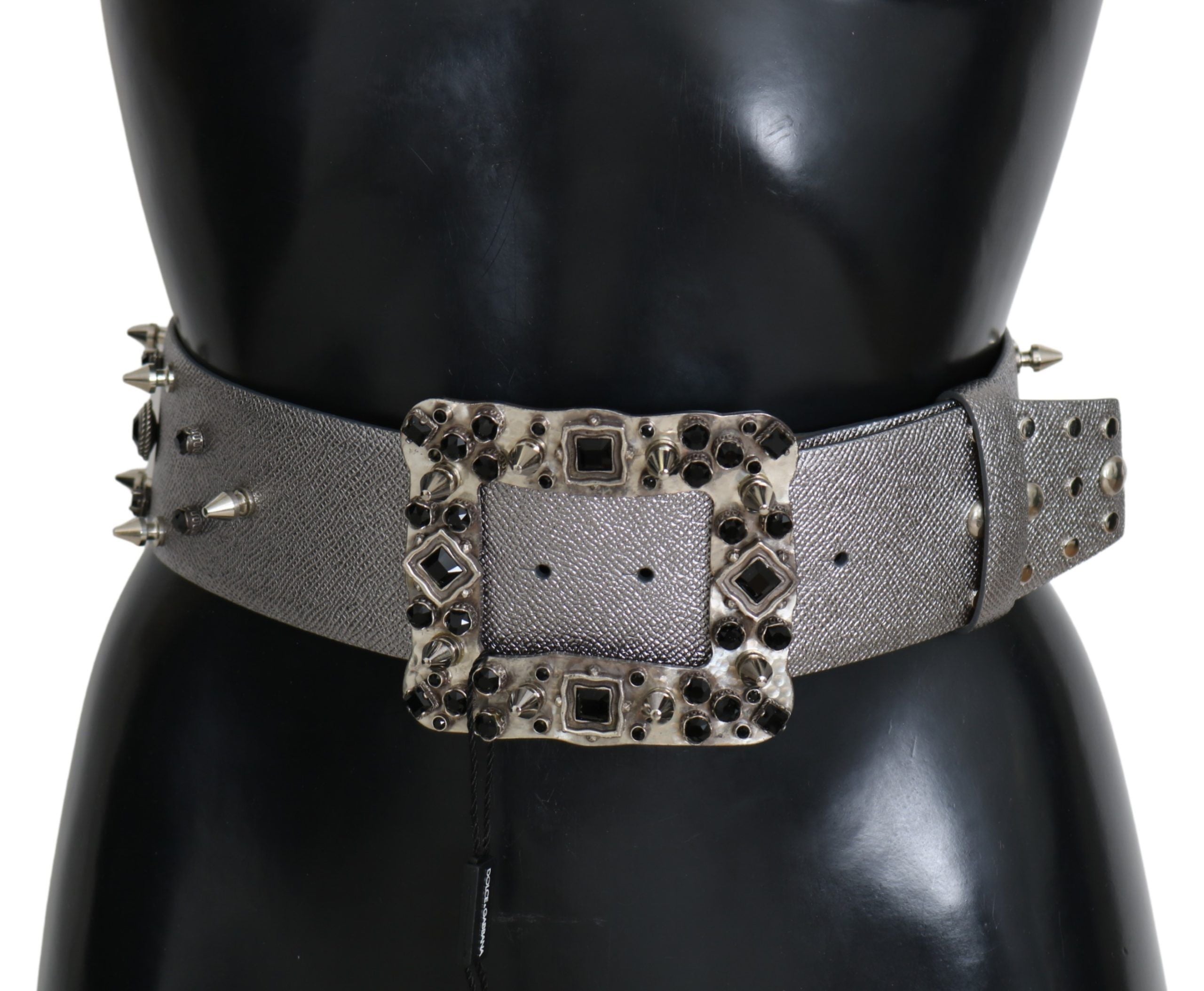 Dolce & Gabbana Silberner Leder-Gürtel mit Logo-Schnalle und Kristall-Nieten
