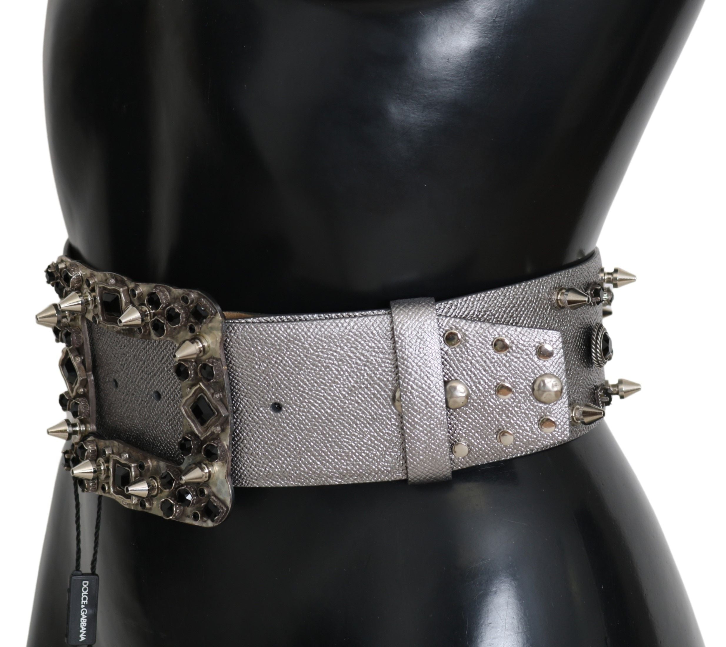 Dolce & Gabbana Silberner Leder-Gürtel mit Logo-Schnalle und Kristall-Nieten