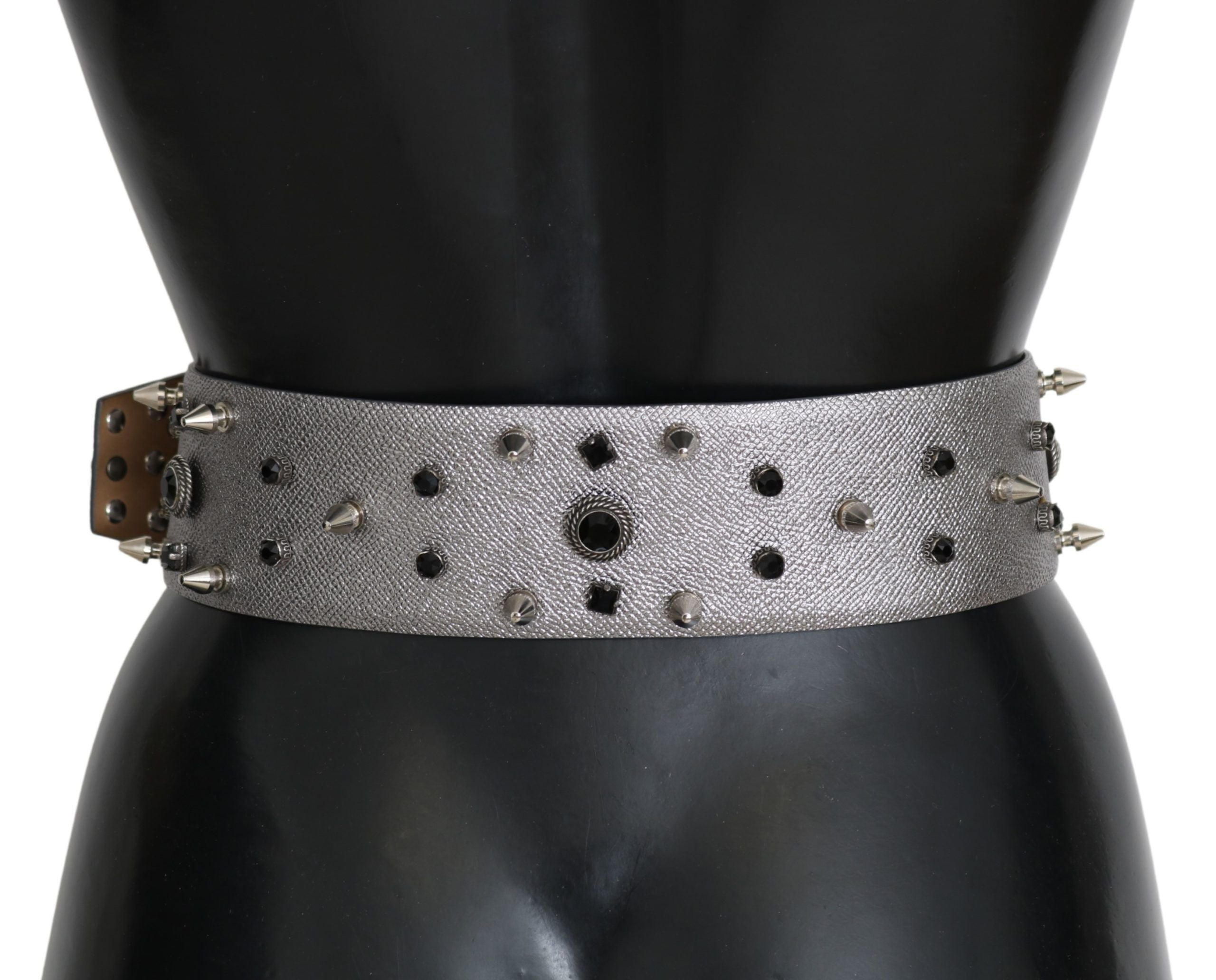 Dolce & Gabbana Silberner Leder-Gürtel mit Logo-Schnalle und Kristall-Nieten