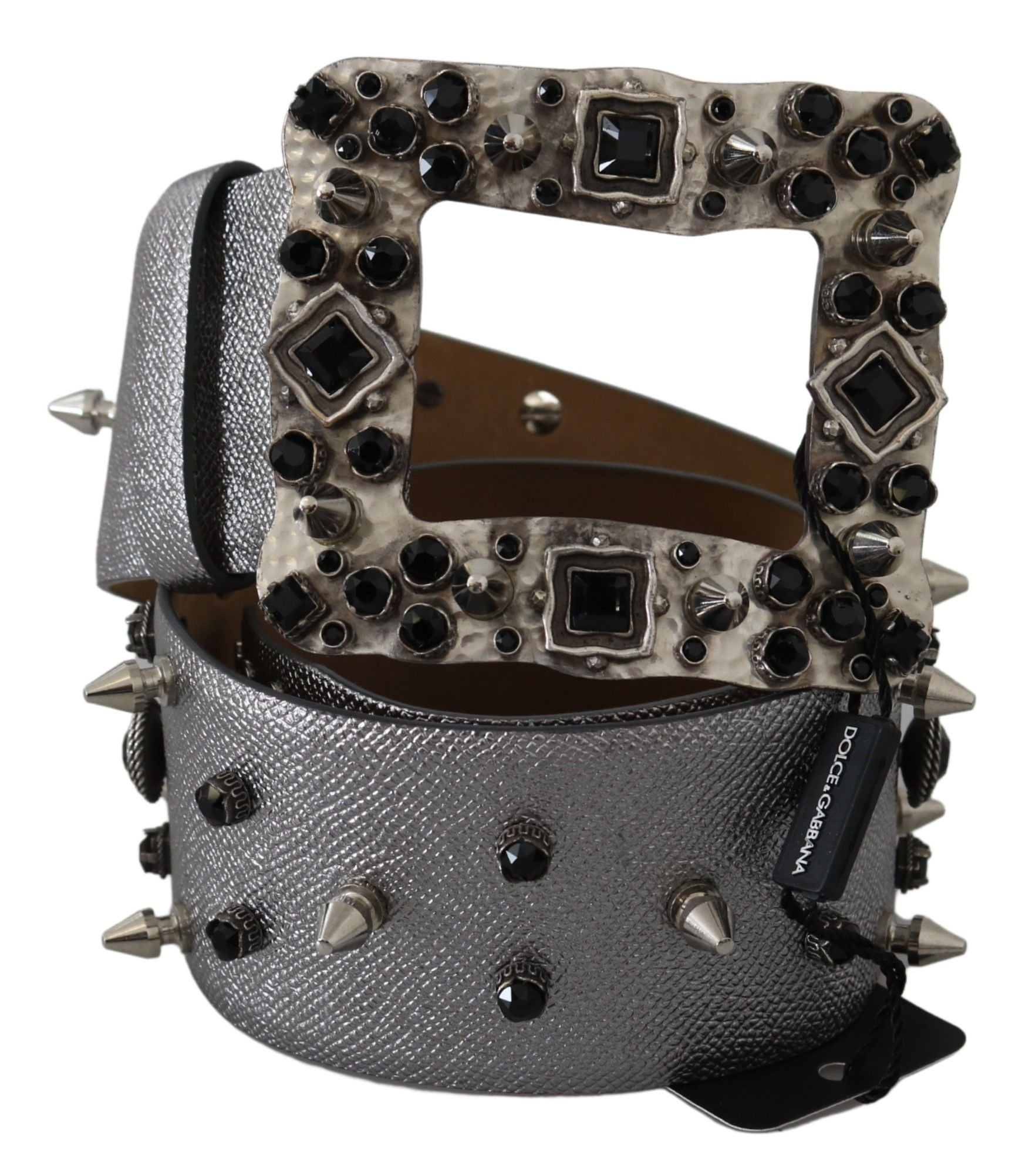 Dolce & Gabbana Silberner Leder-Gürtel mit Logo-Schnalle und Kristall-Nieten