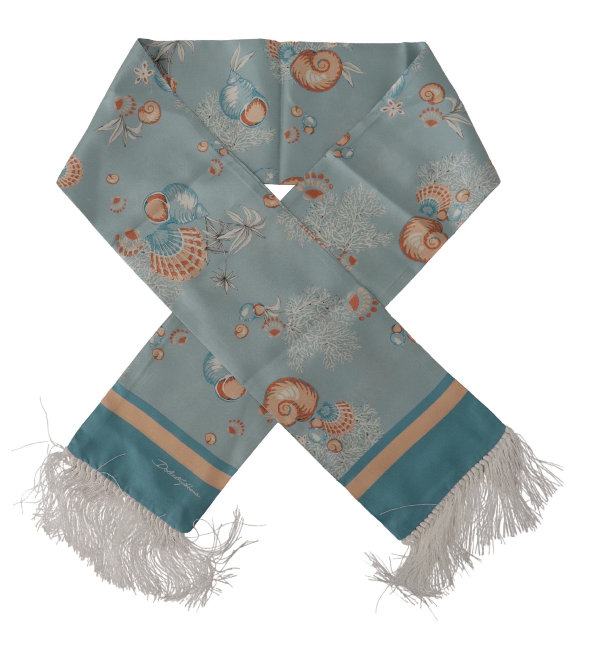 Dolce & Gabbana Blauer Seidenschimmernder Muscheldruck Halswickelschal mit Fransen