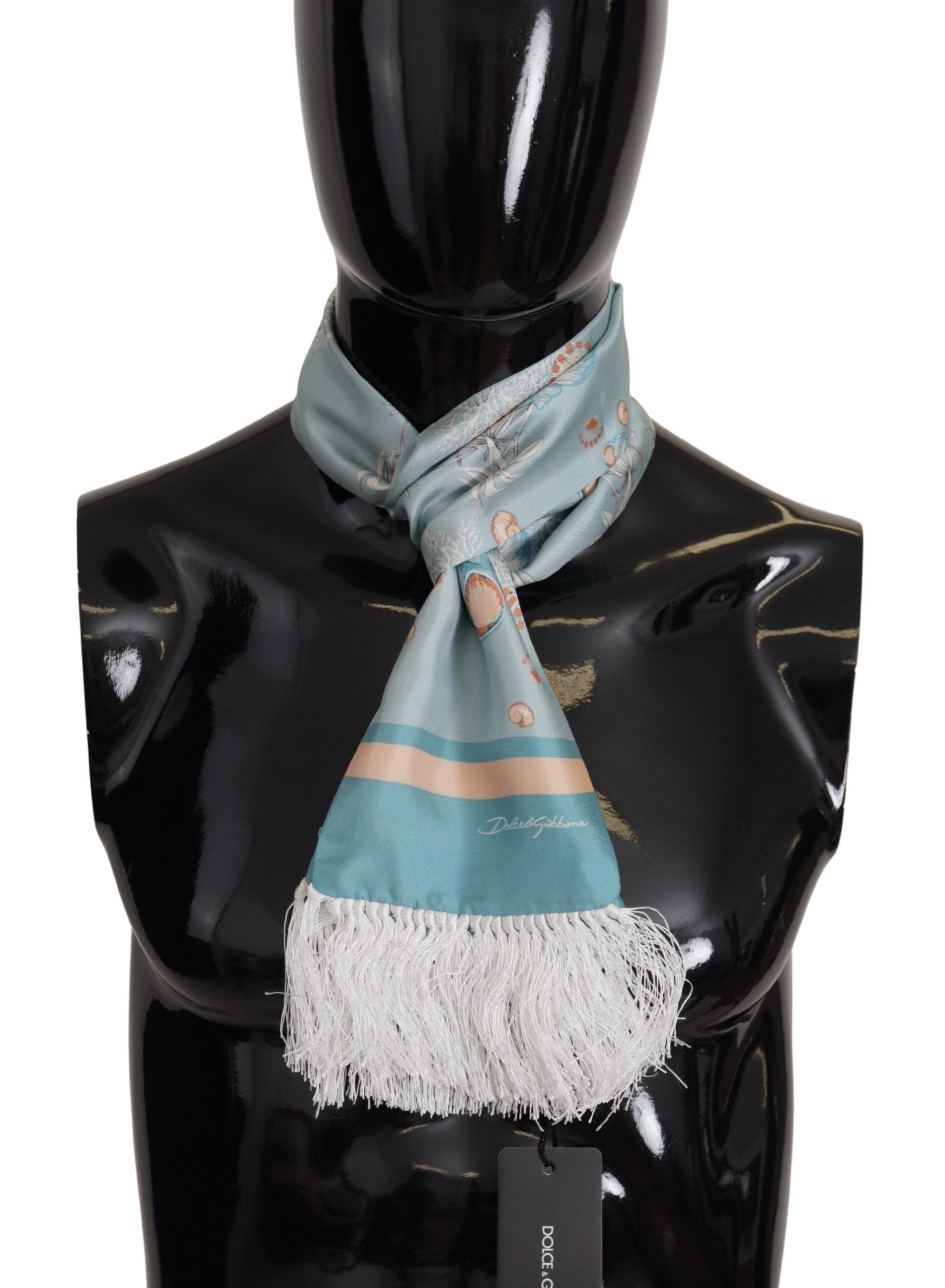Dolce & Gabbana Blauer Seidenschimmernder Muscheldruck Halswickelschal mit Fransen