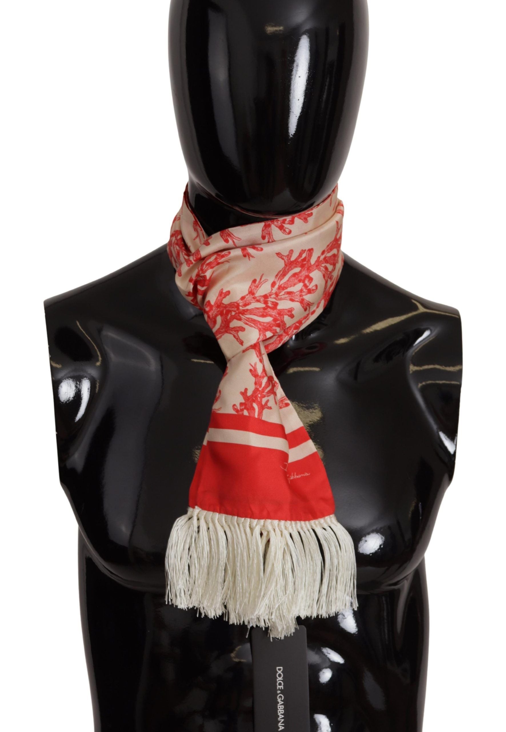 Dolce & Gabbana Weiß Rot Korallen Print Schal Wrap Fransenschal