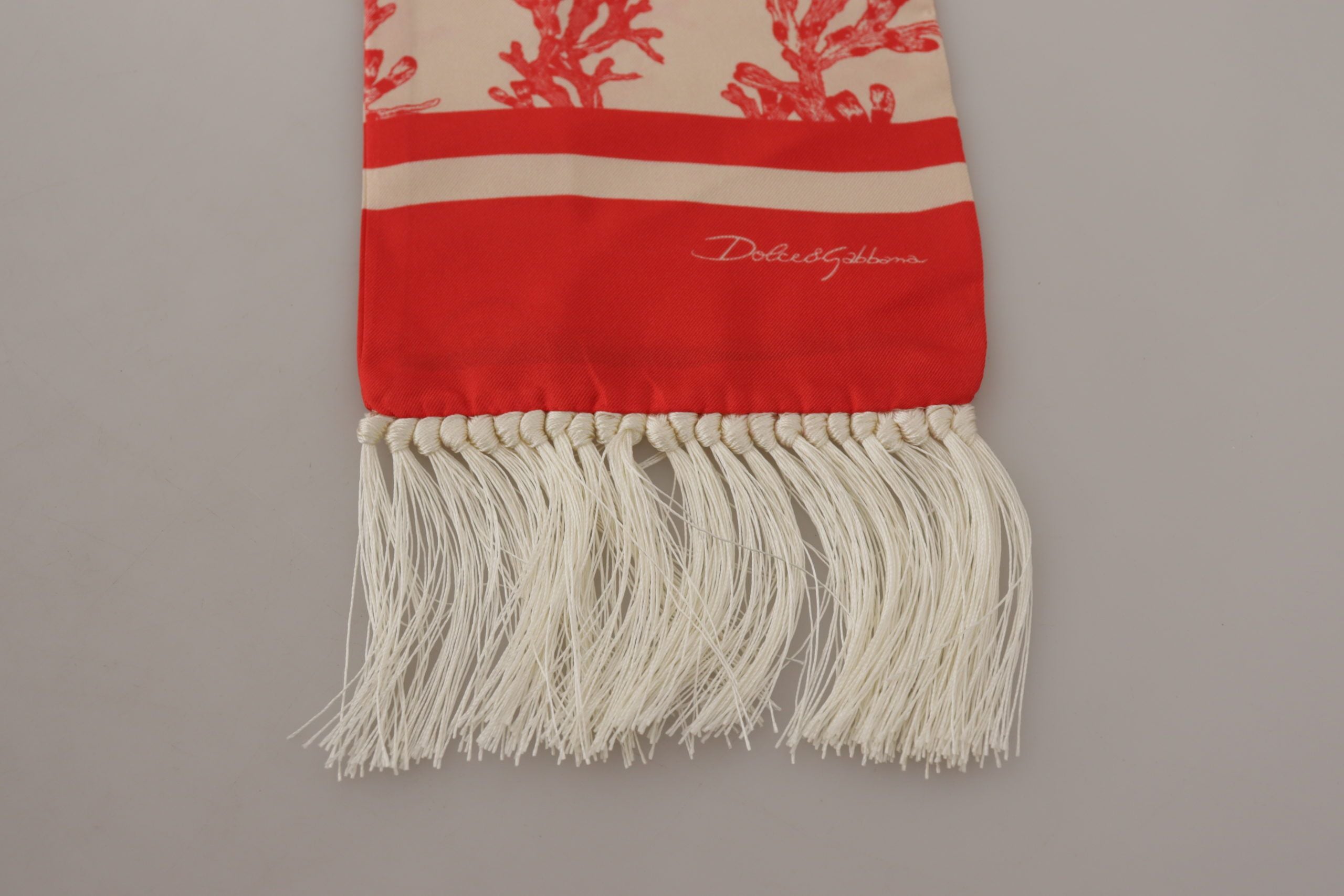 Dolce & Gabbana Weiß Rot Korallen Print Schal Wrap Fransenschal
