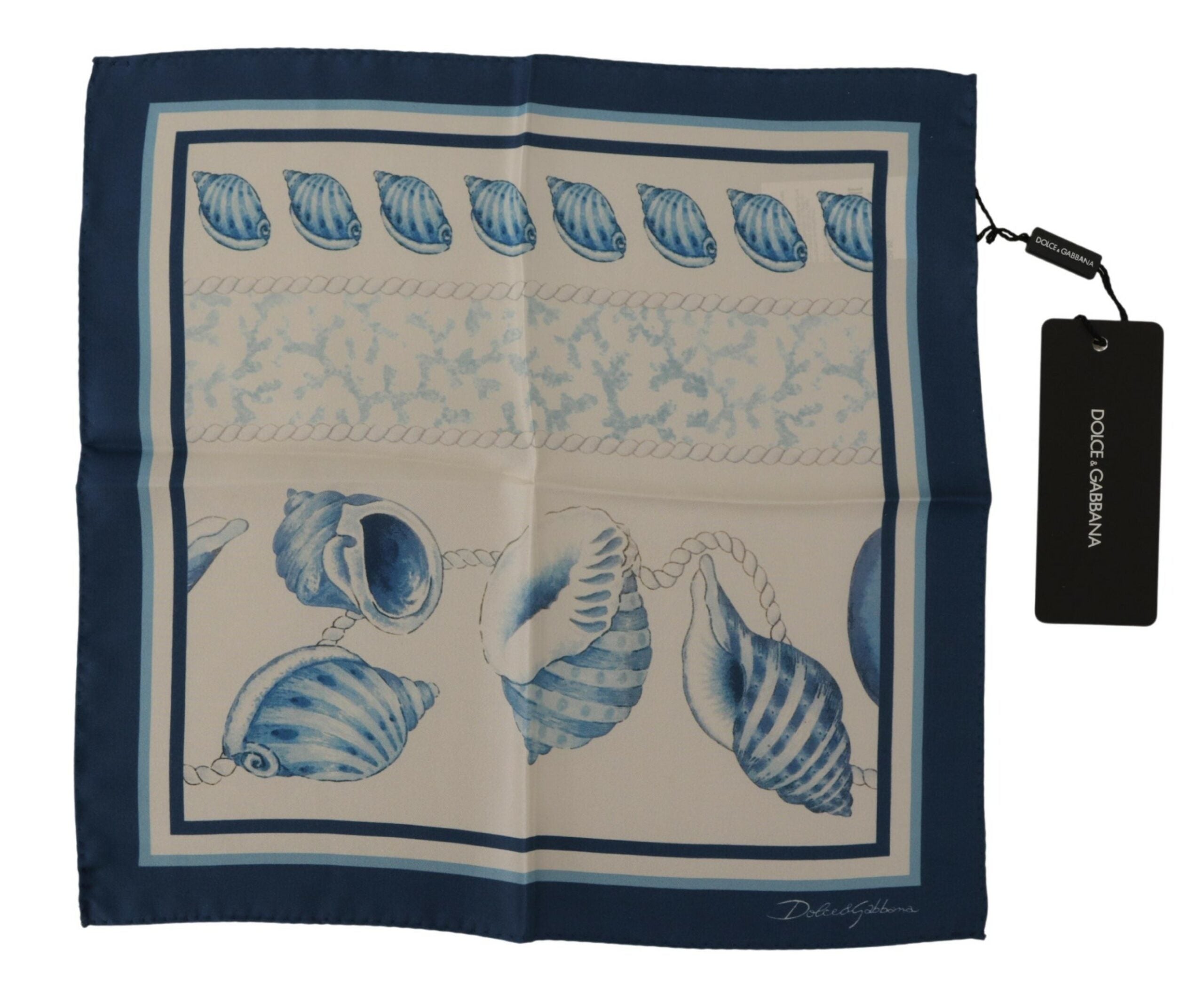 Dolce & Gabbana Weiß Blau Muscheln Drucken Quadrat Taschentuch Schal