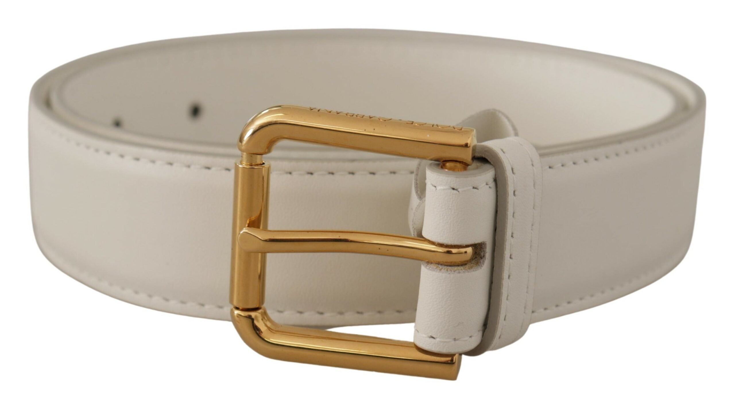 Dolce & Gabbana Weißes Kalbsleder Goldfarbenes Logo Metallschnalle Gürtel