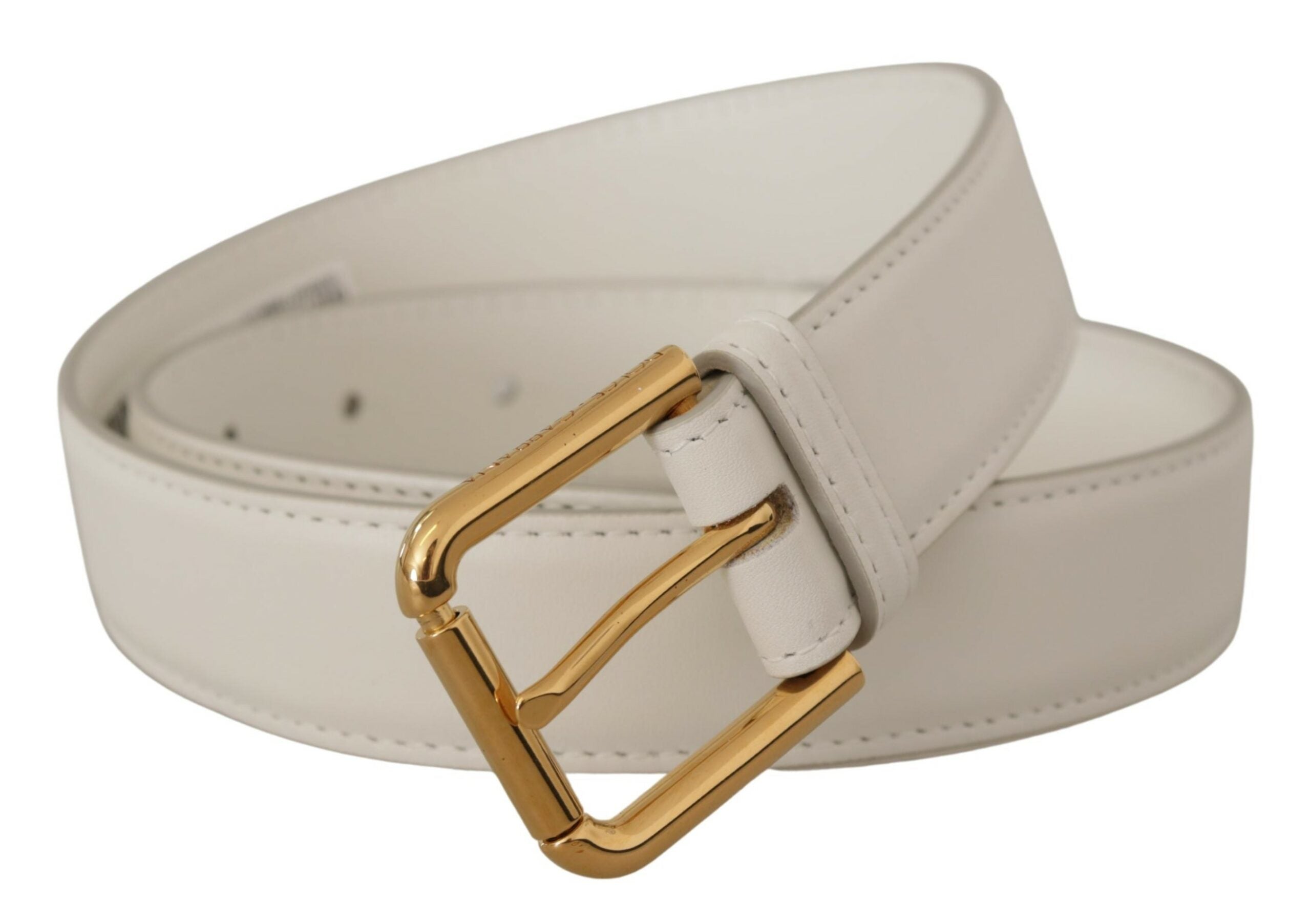 Dolce & Gabbana Weißes Kalbsleder Goldfarbenes Logo Metallschnalle Gürtel