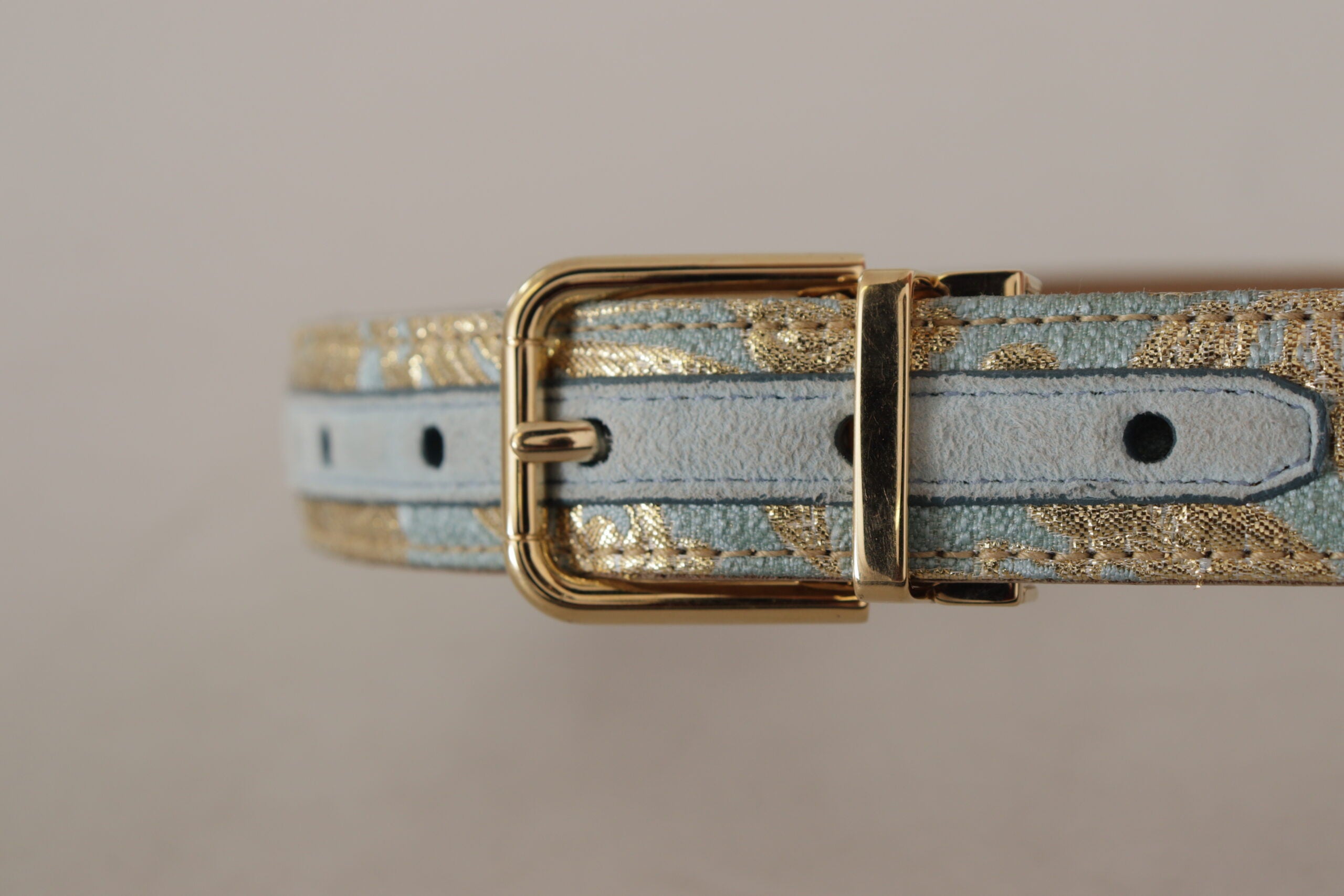 Dolce & Gabbana Blauer Leder-Jacquardgürtel mit geprägter goldener Metallschnalle