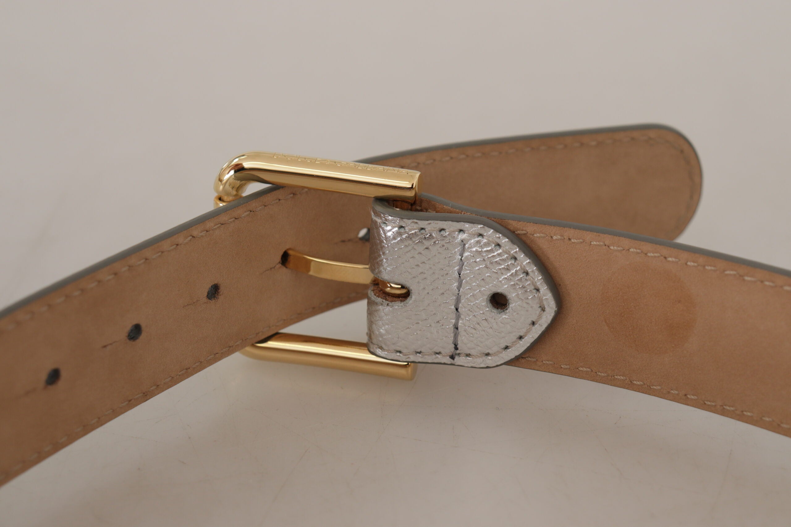 Dolce & Gabbana Silberner Leder-Goldton-Logo-Metall-Taillenschnalle-Gürtel