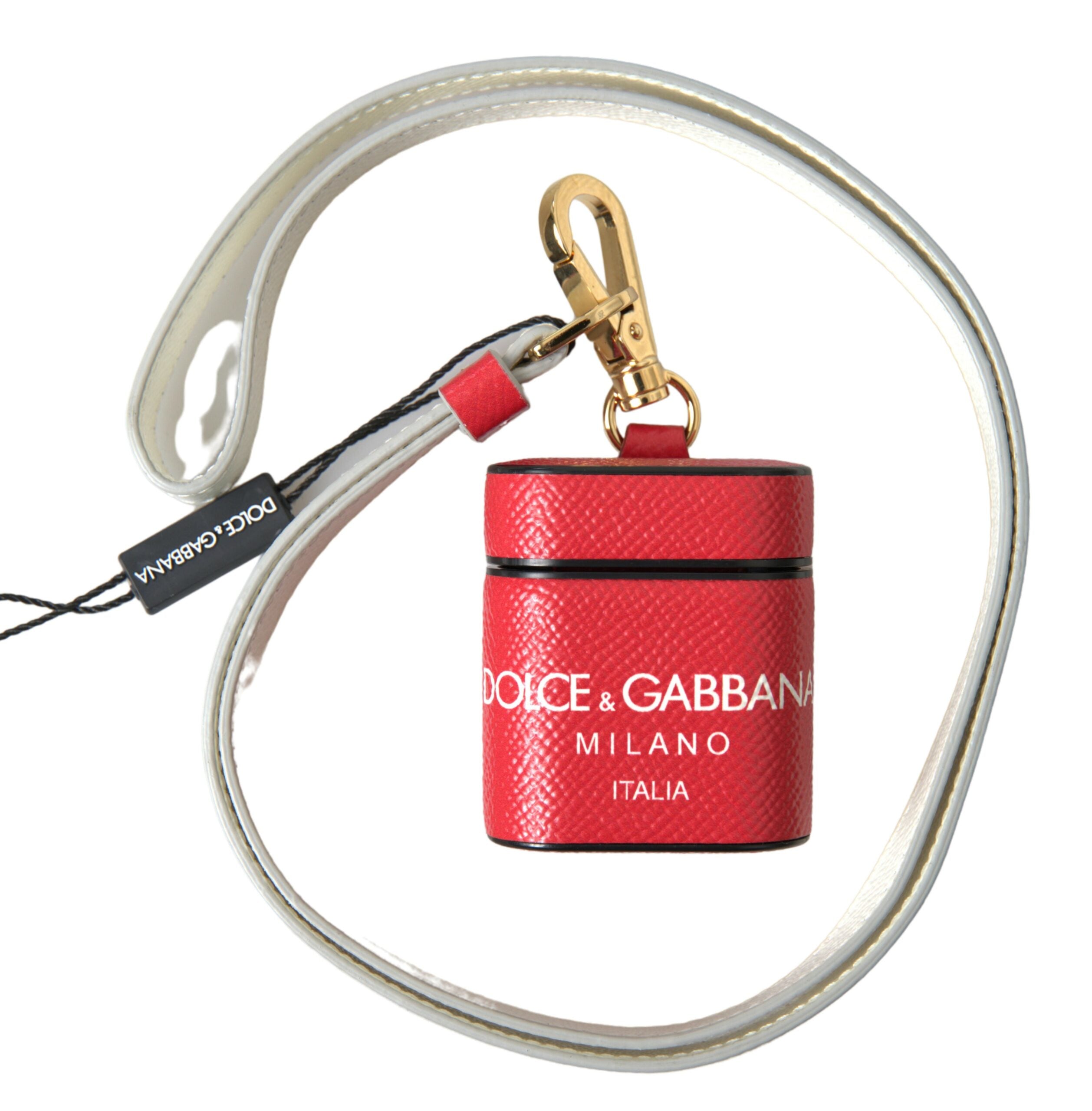 Dolce & Gabbana Rotes Leder Gold-Ton Metall Logo Druck Airpods Fall