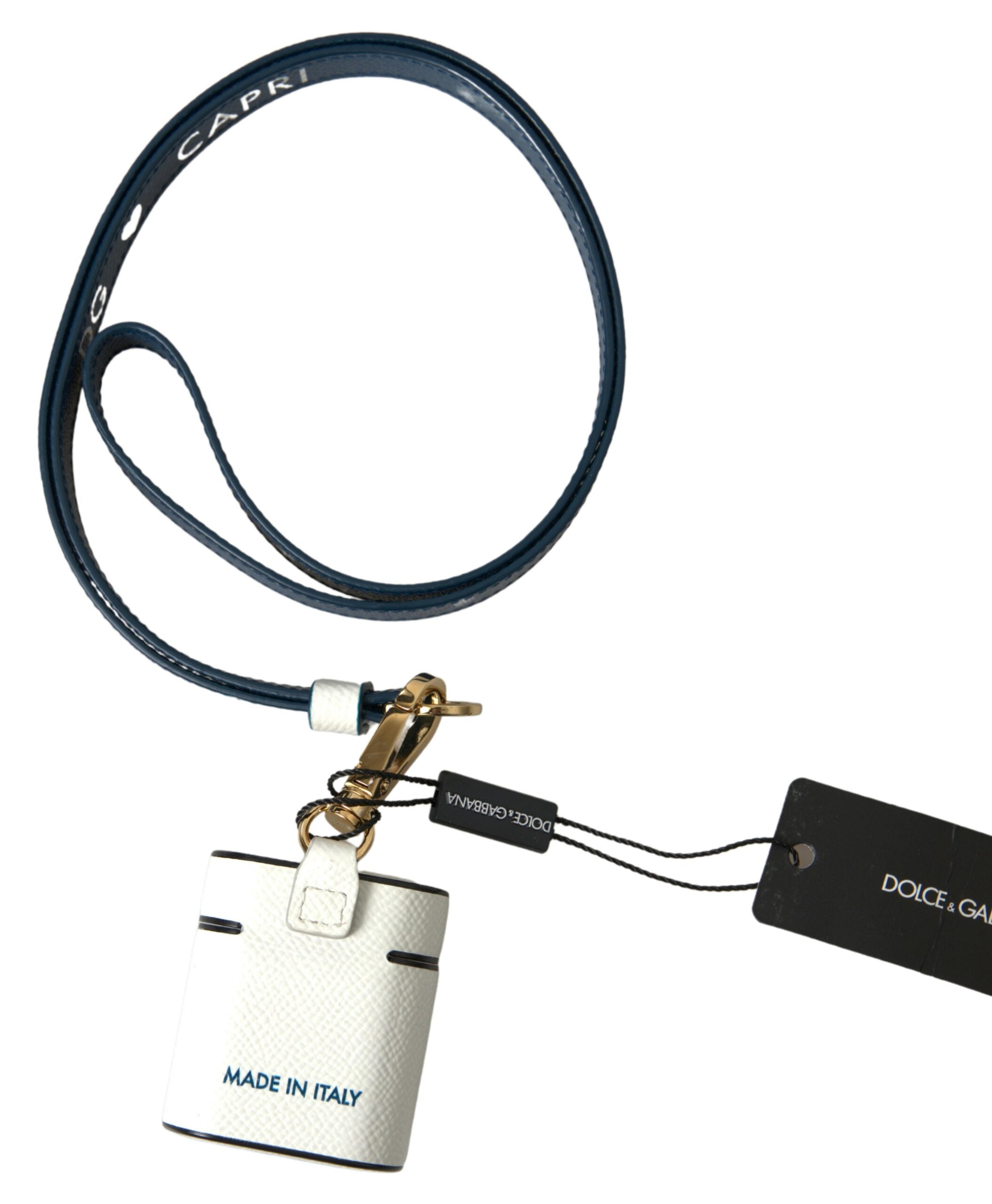 Dolce & Gabbana Weißes blaues Kalbsleder Logo Druck Riemen Airpods Fall
