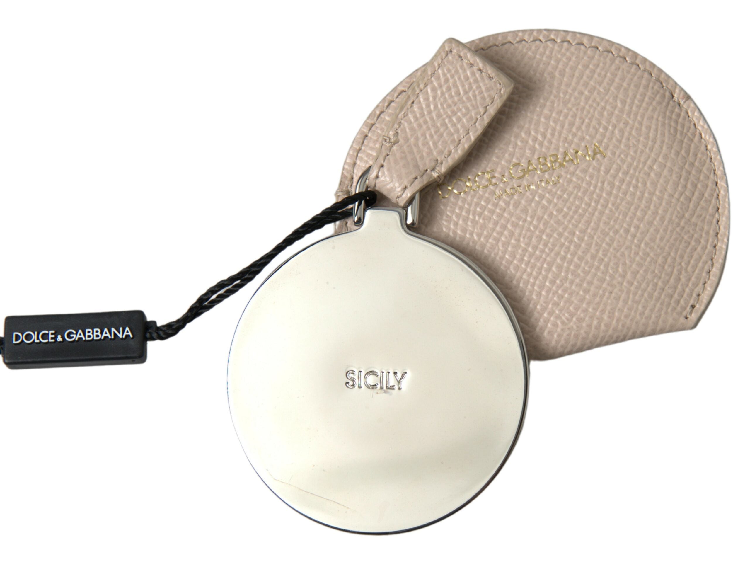 Dolce & Gabbana Beige Kalbsleder Rundes Logo Handspiegelhalter