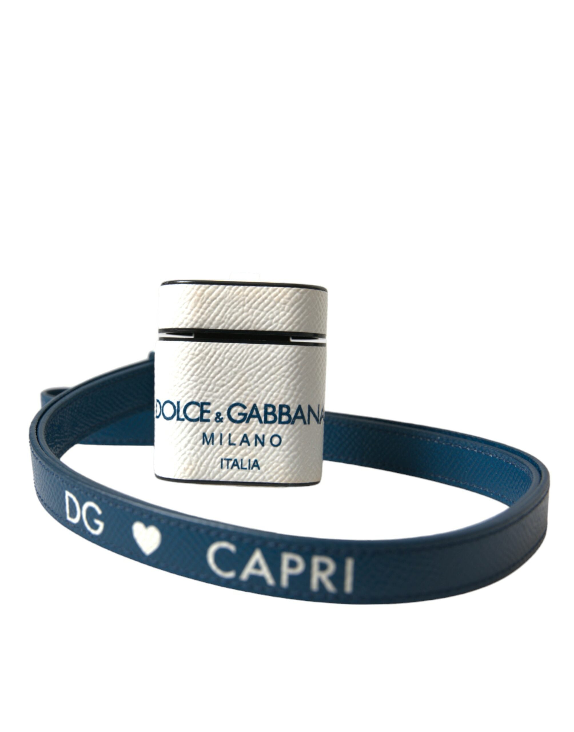 Dolce & Gabbana Weißes blaues Kalbsleder Logo Druck Riemen Airpods Fall