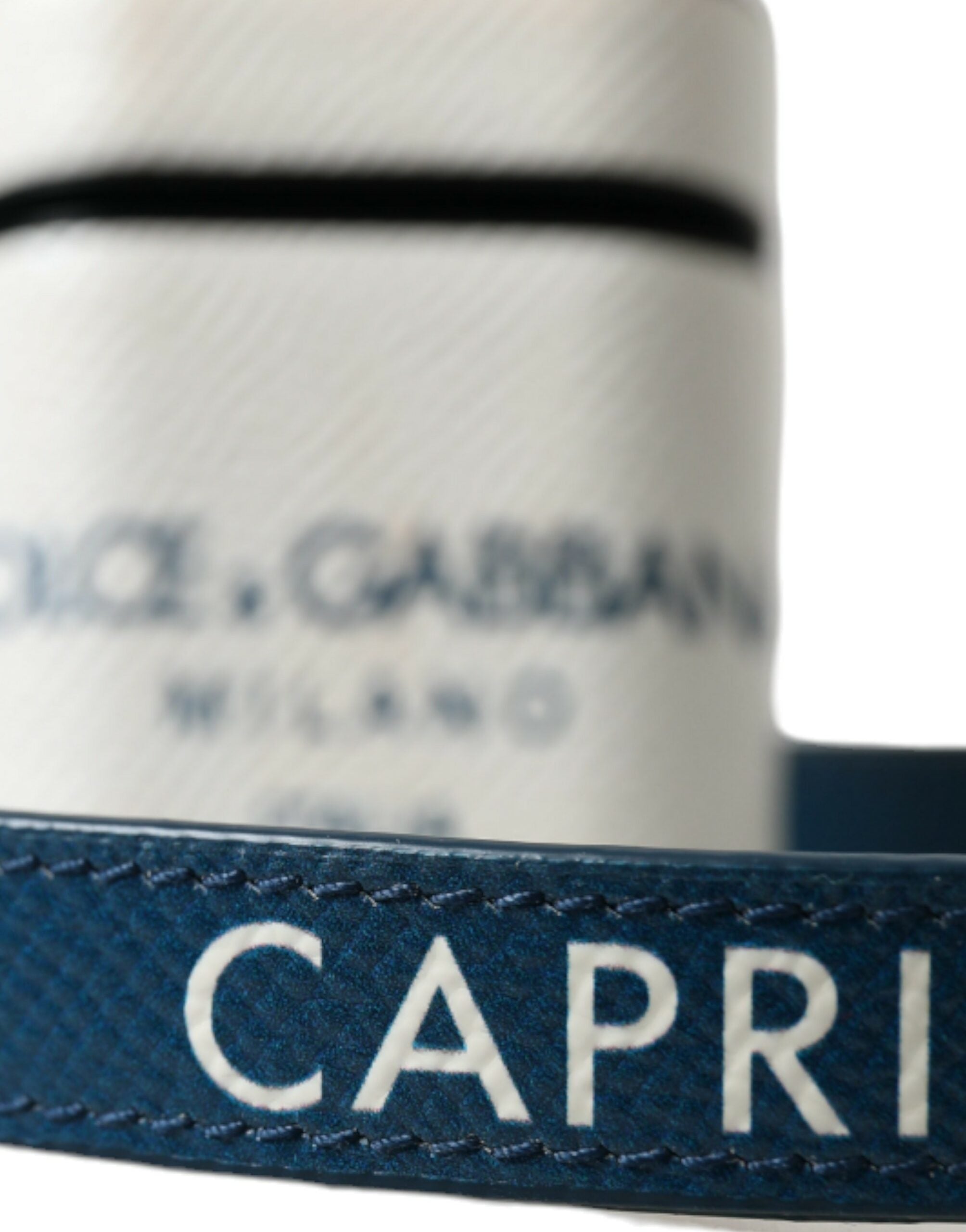 Dolce & Gabbana Weißes blaues Kalbsleder Logo Druck Riemen Airpods Fall