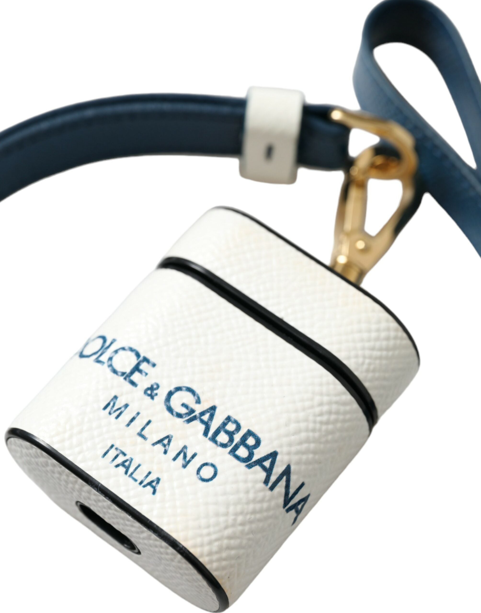 Dolce & Gabbana Weißes blaues Kalbsleder Logo Druck Riemen Airpods Fall