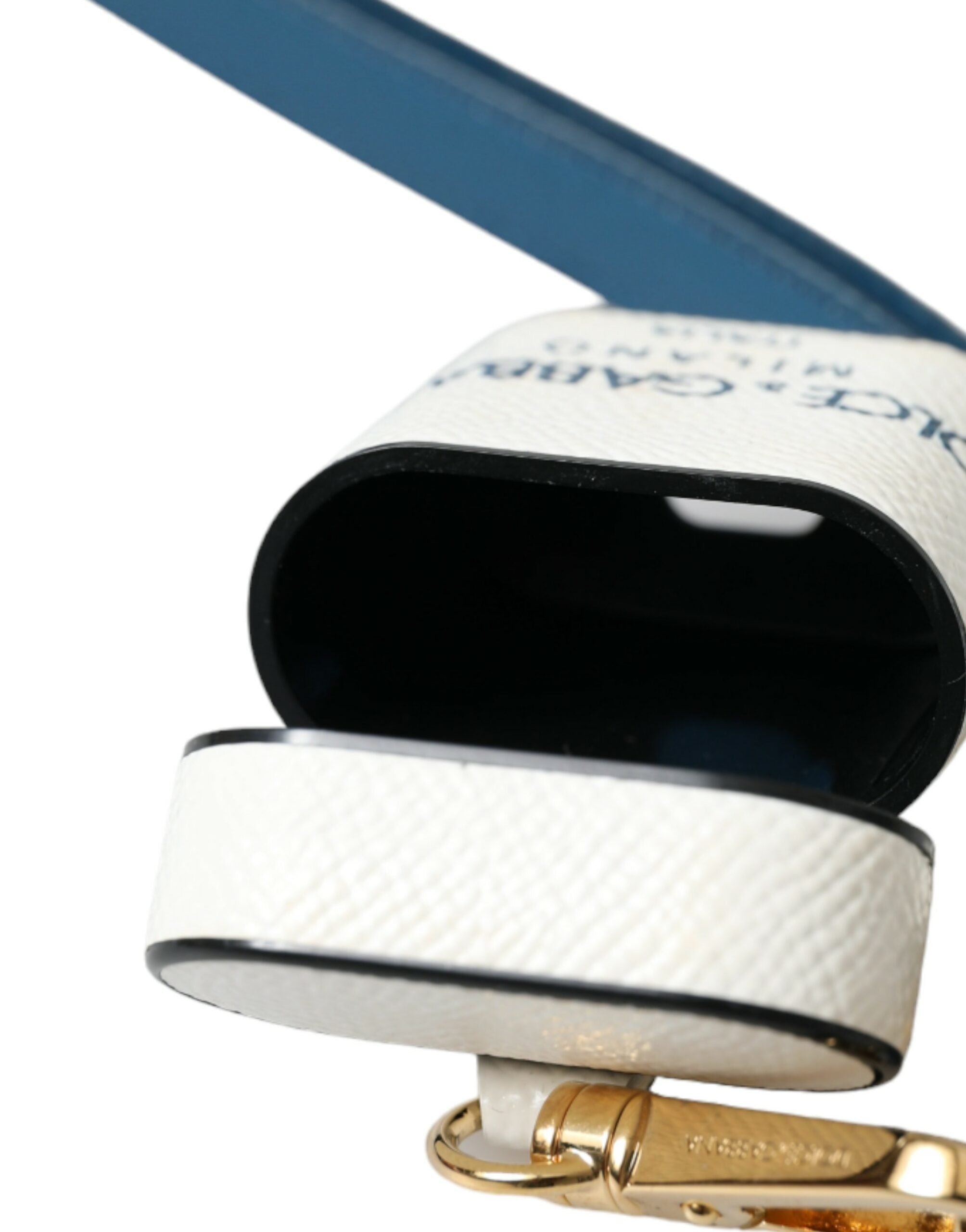 Dolce & Gabbana Weißes blaues Kalbsleder Logo Druck Riemen Airpods Fall
