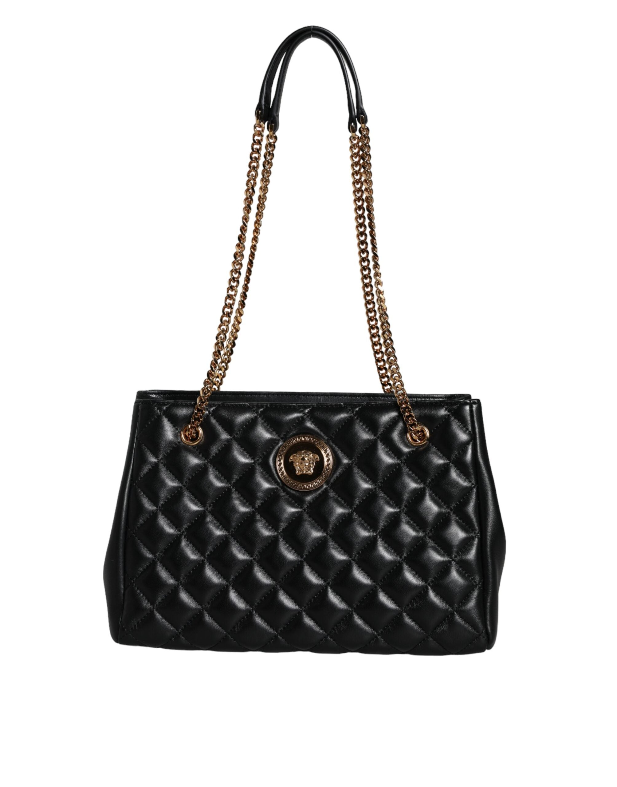 Versace Schwarze gesteppte Nappaleder-Schultertasche mit Kettenriemen