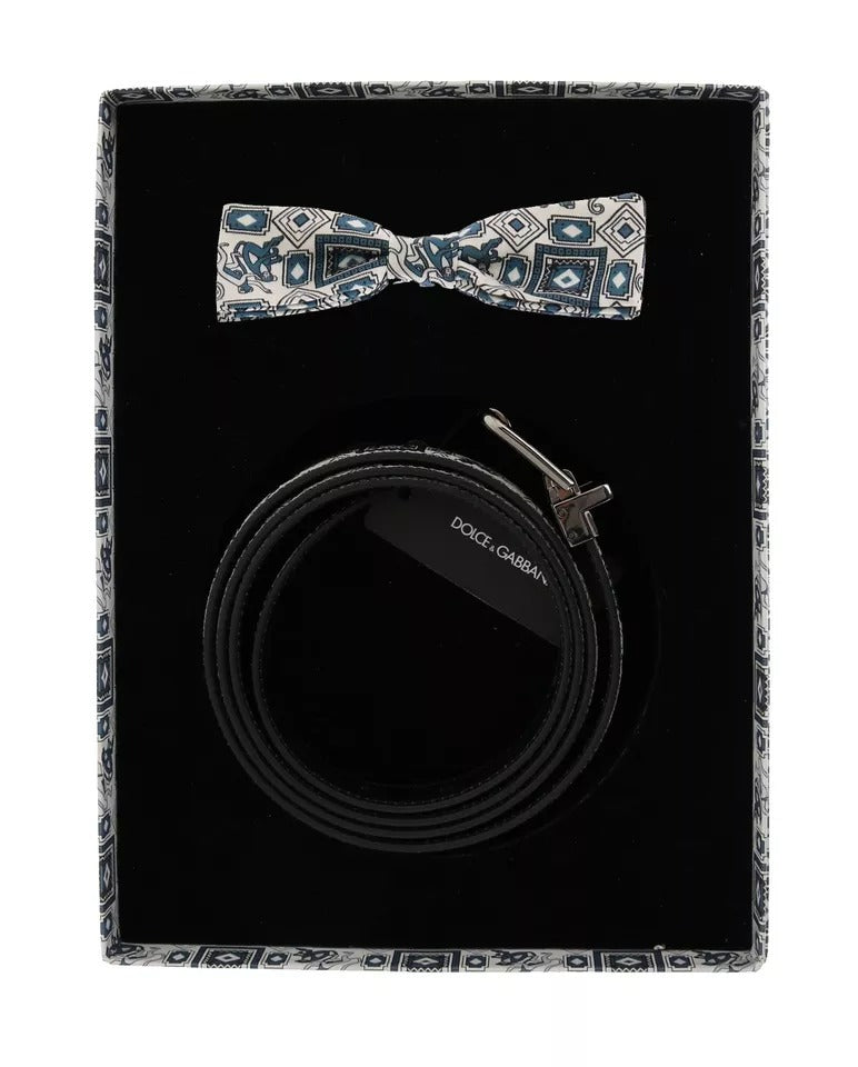 Dolce & Gabbana Weiß Blaue Seidenfliege Ledergürtel Geschenkbox Set