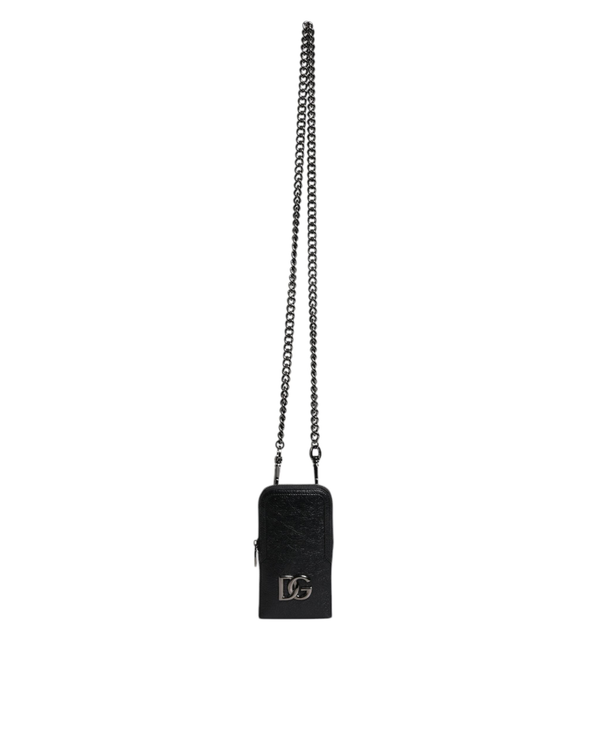 Dolce & Gabbana Schwarzes Leder Portemonnaie Crossbody Chain Sling Phone Bag