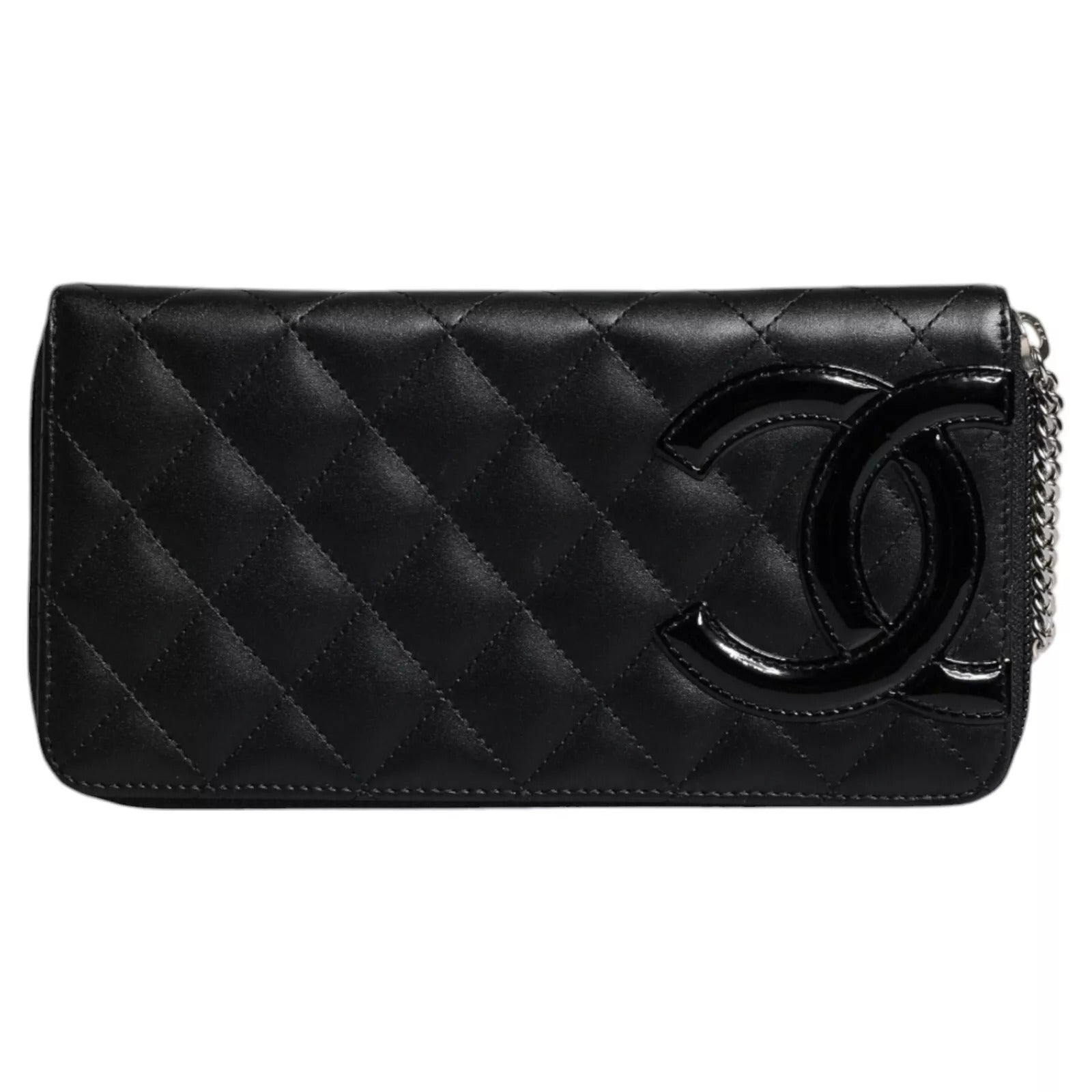 Chanel Schwarzes gestepptes Leder Logo CC Continental Zip Wallet