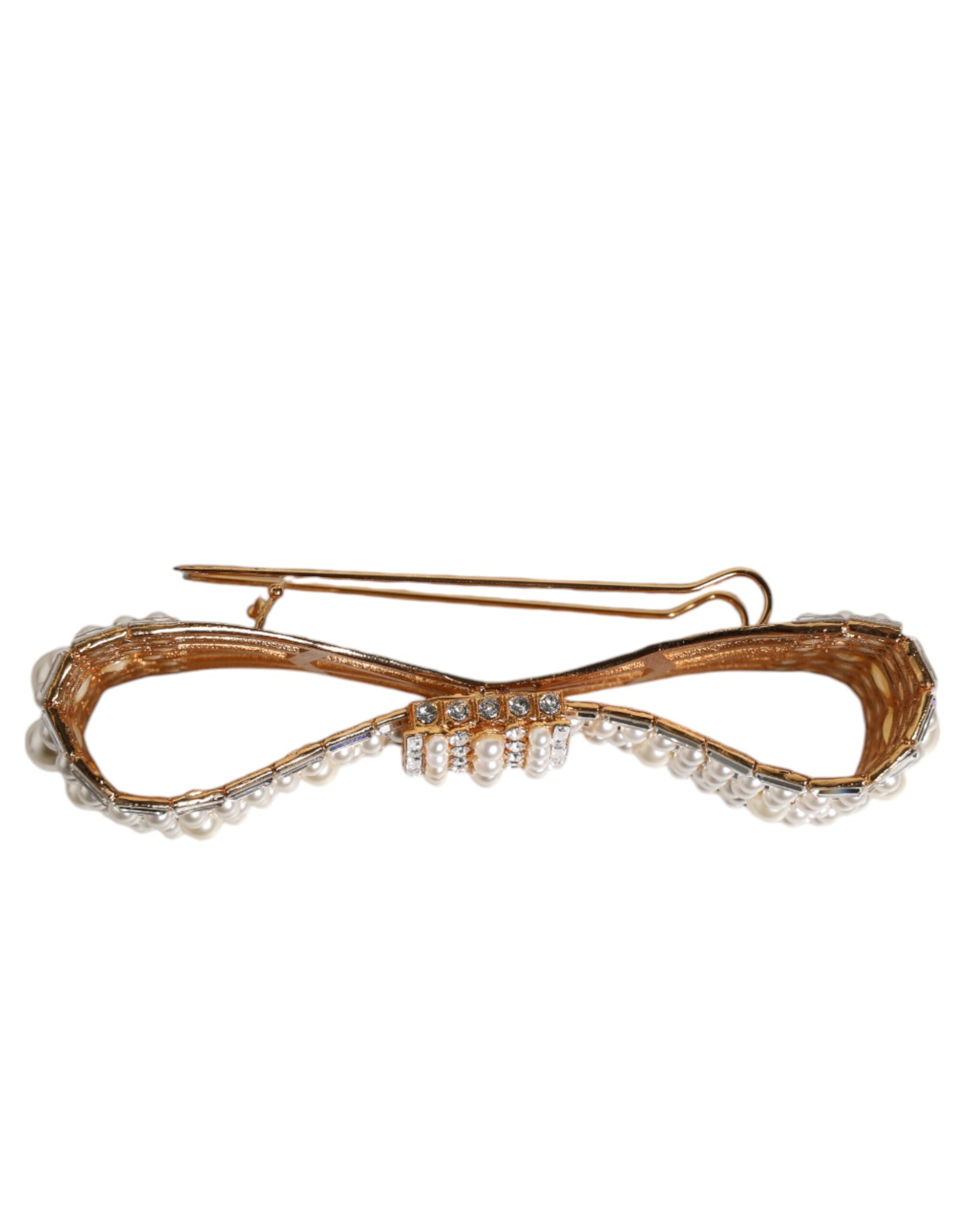 Dolce & Gabbana Gold-Ton Messing Bogen Kristall FauxPearl verschönert Brosche