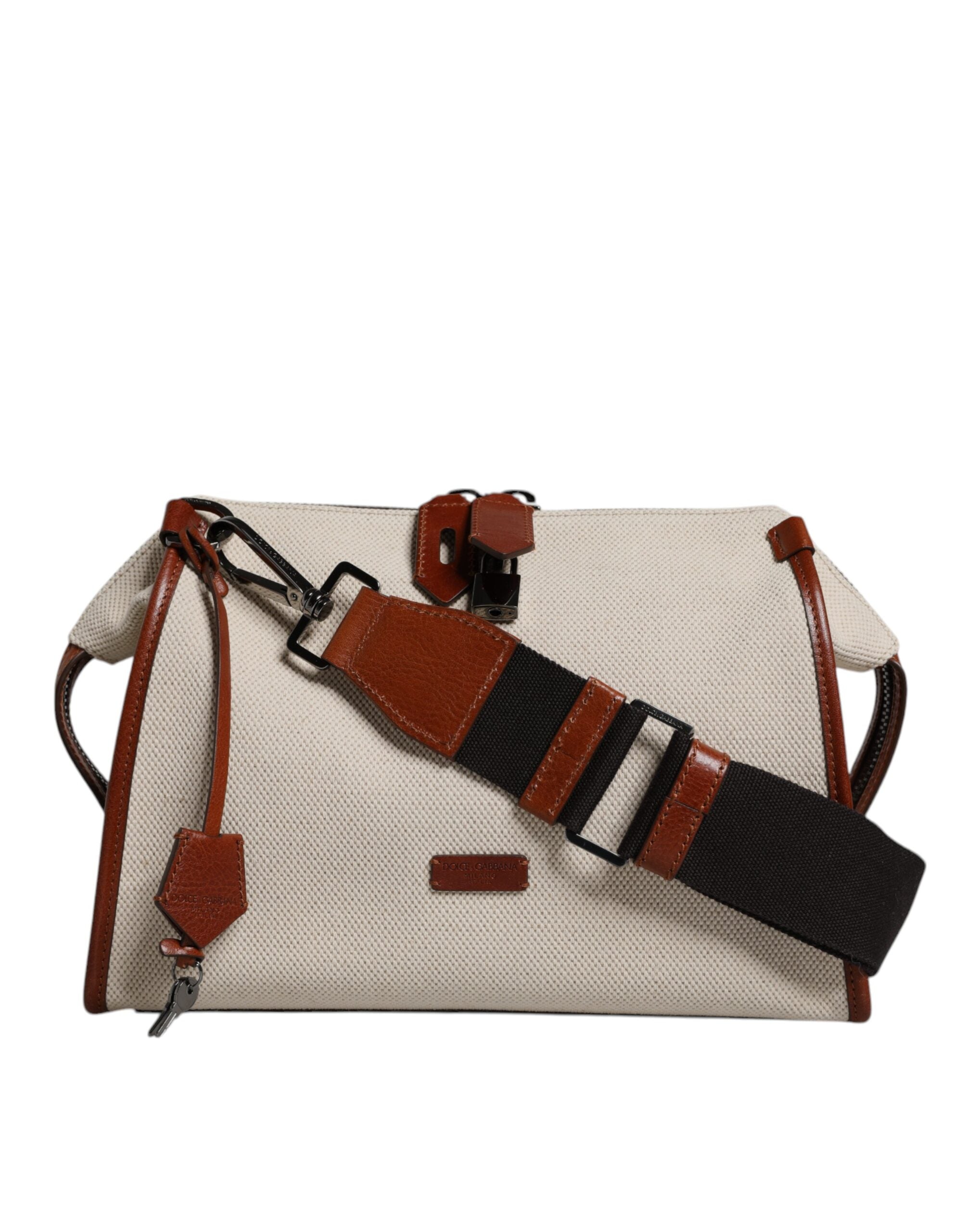 Dolce & Gabbana Beige Braun Baumwolle Leder Duffle Umhängetasche
