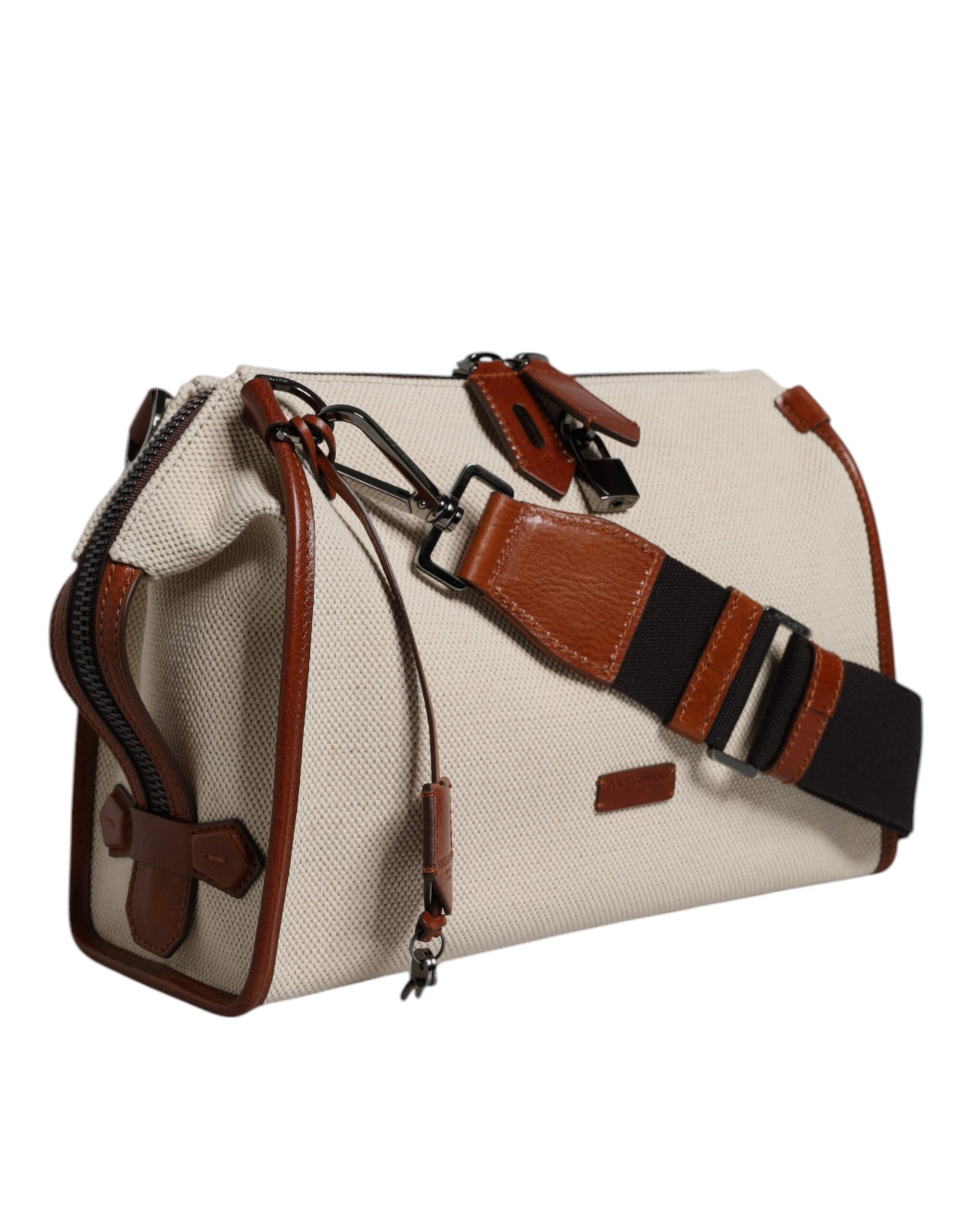 Dolce & Gabbana Beige Braun Baumwolle Leder Duffle Umhängetasche