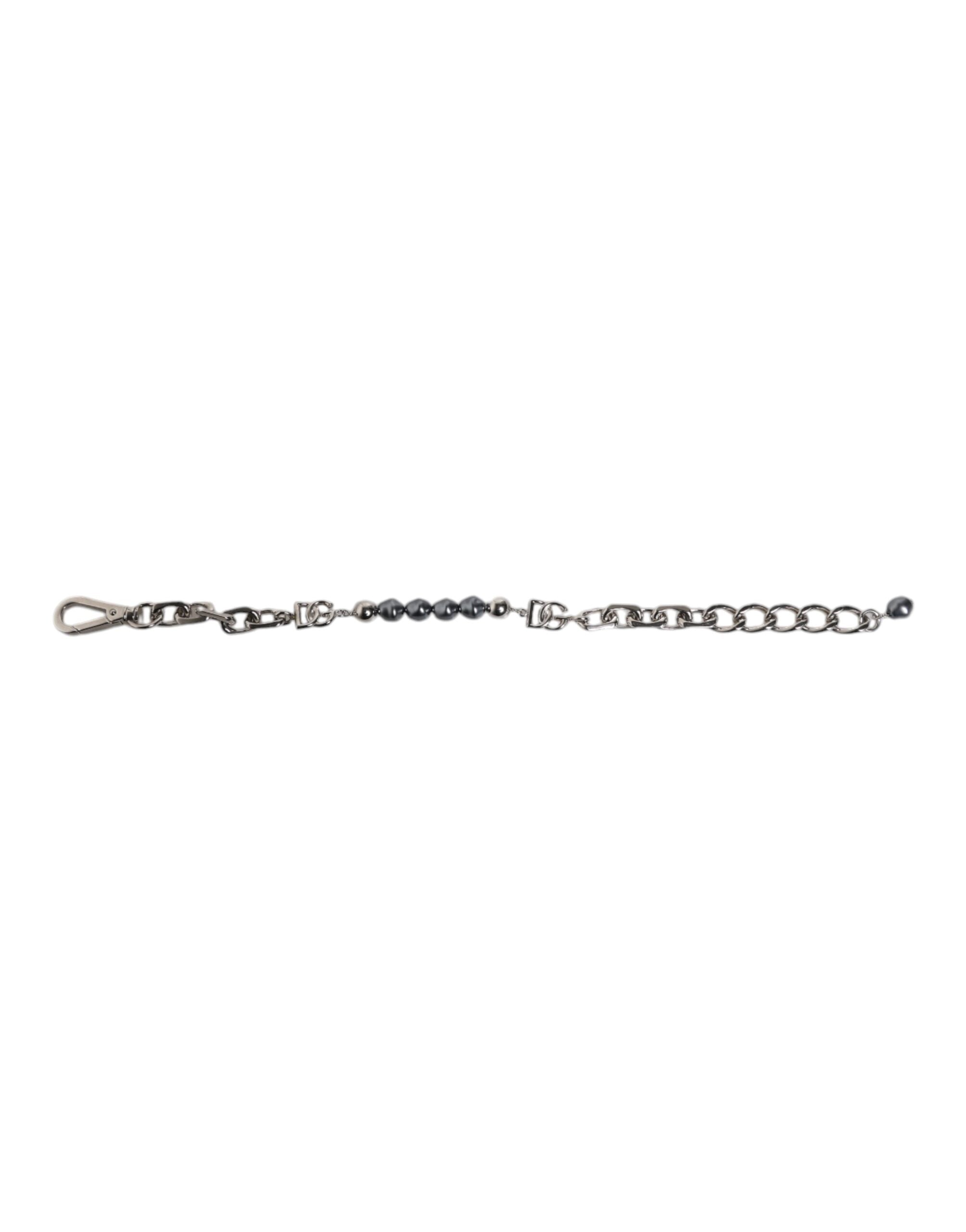 Dolce & Gabbana Silberfarbene Kette Karabinerverschluss Logo Graue Perlen Armband