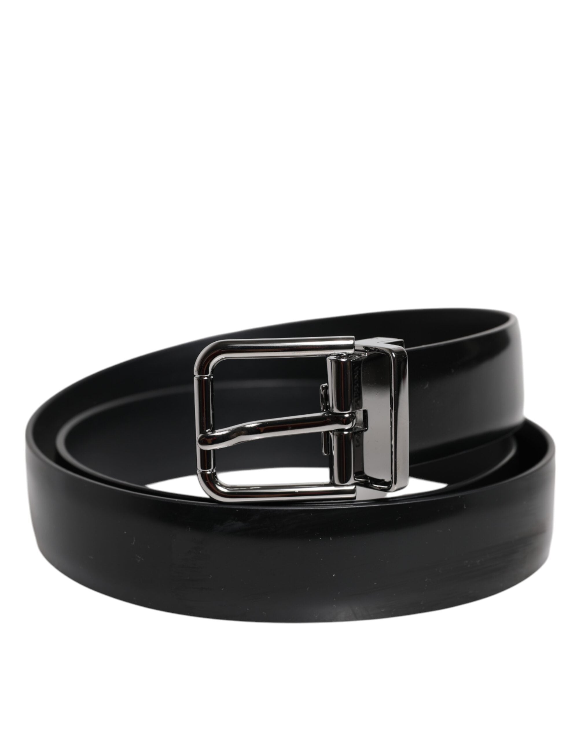 Dolce & Gabbana Schwarzer glänzender Ledergürtel mit silberner Metallschnalle