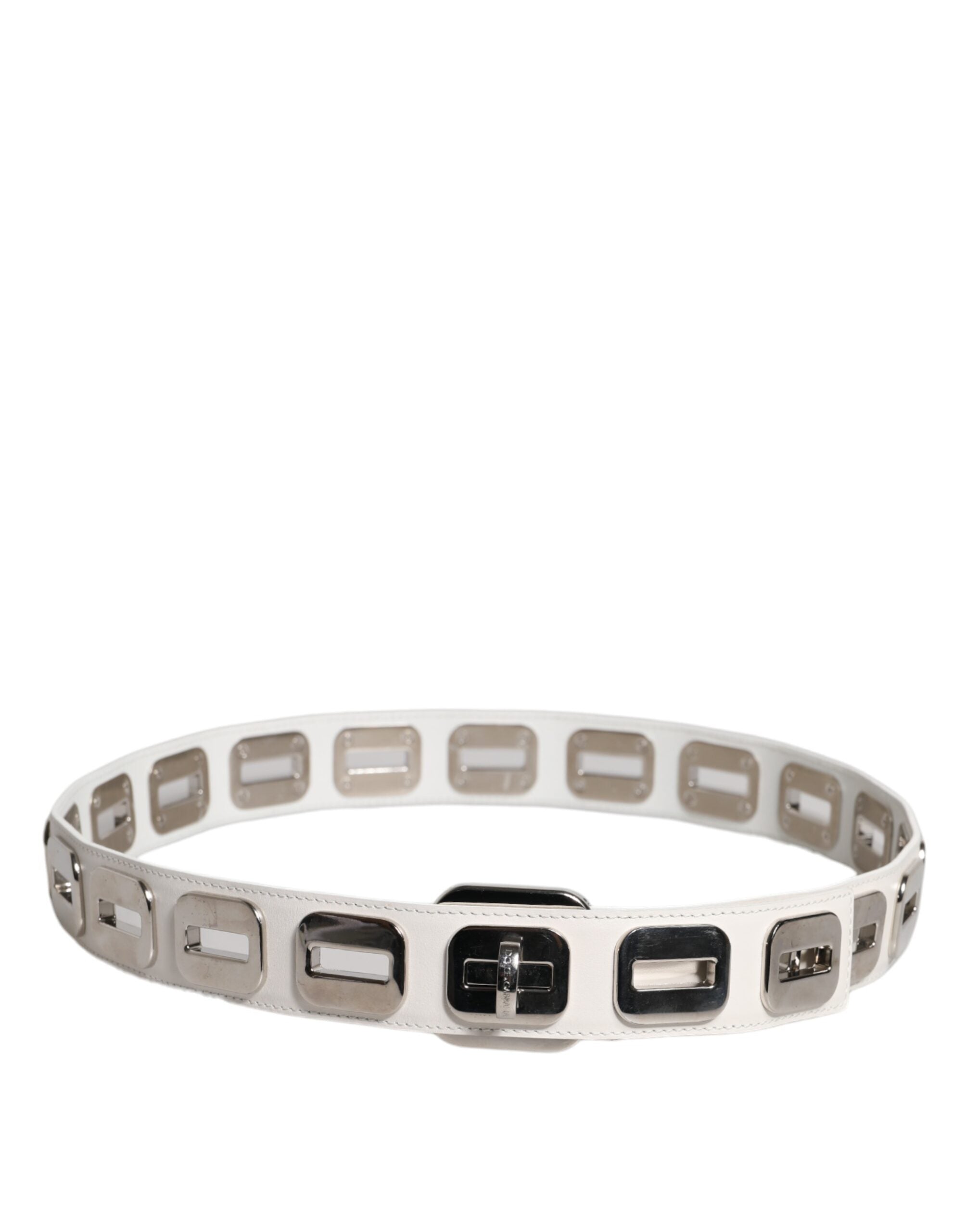 Dolce & Gabbana Weißes Leder, Goldton, drehbare Schnalle, Gürtel