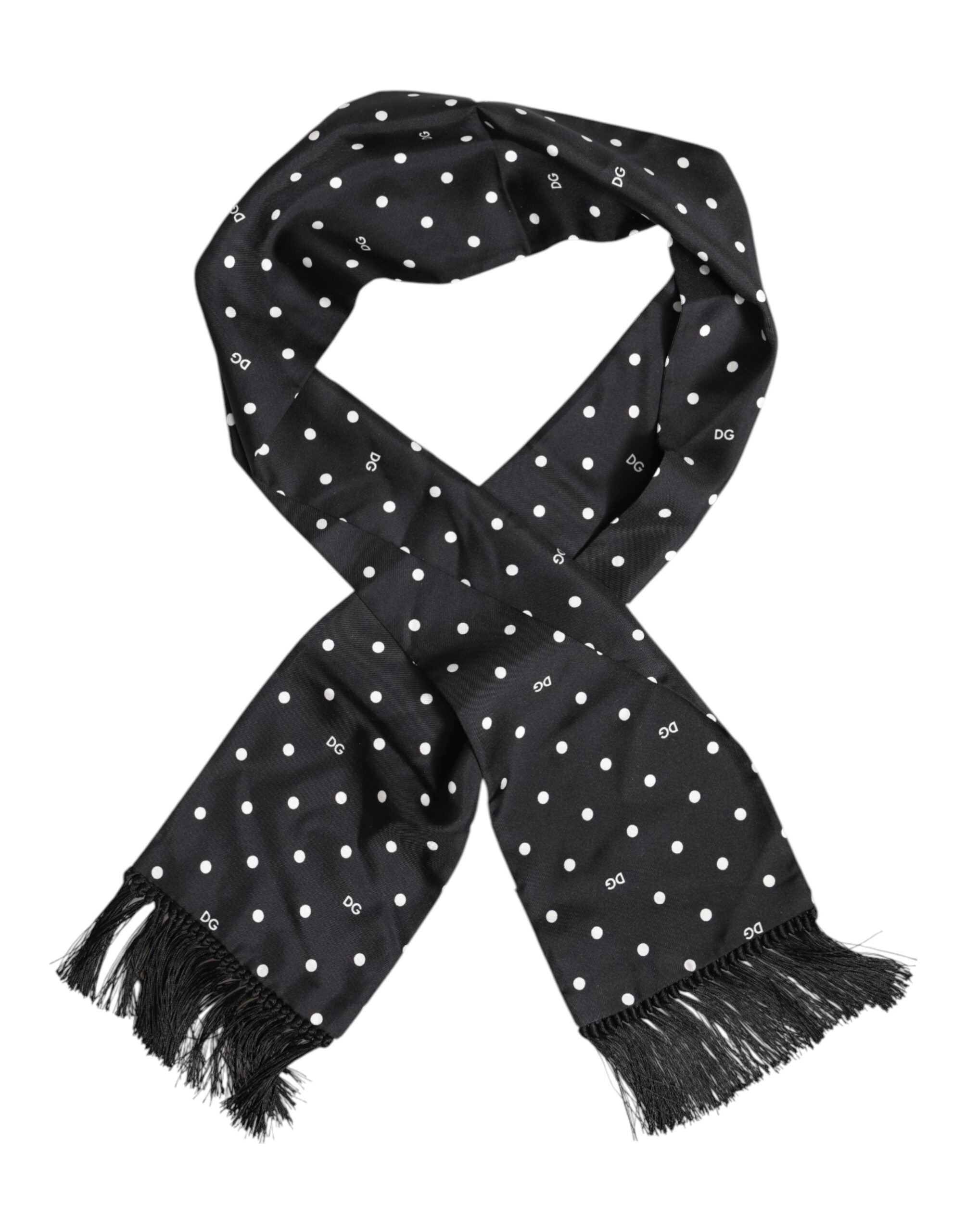 Dolce & Gabbana Schwarzer weißer Polka Dot Fransen Foulard Schal