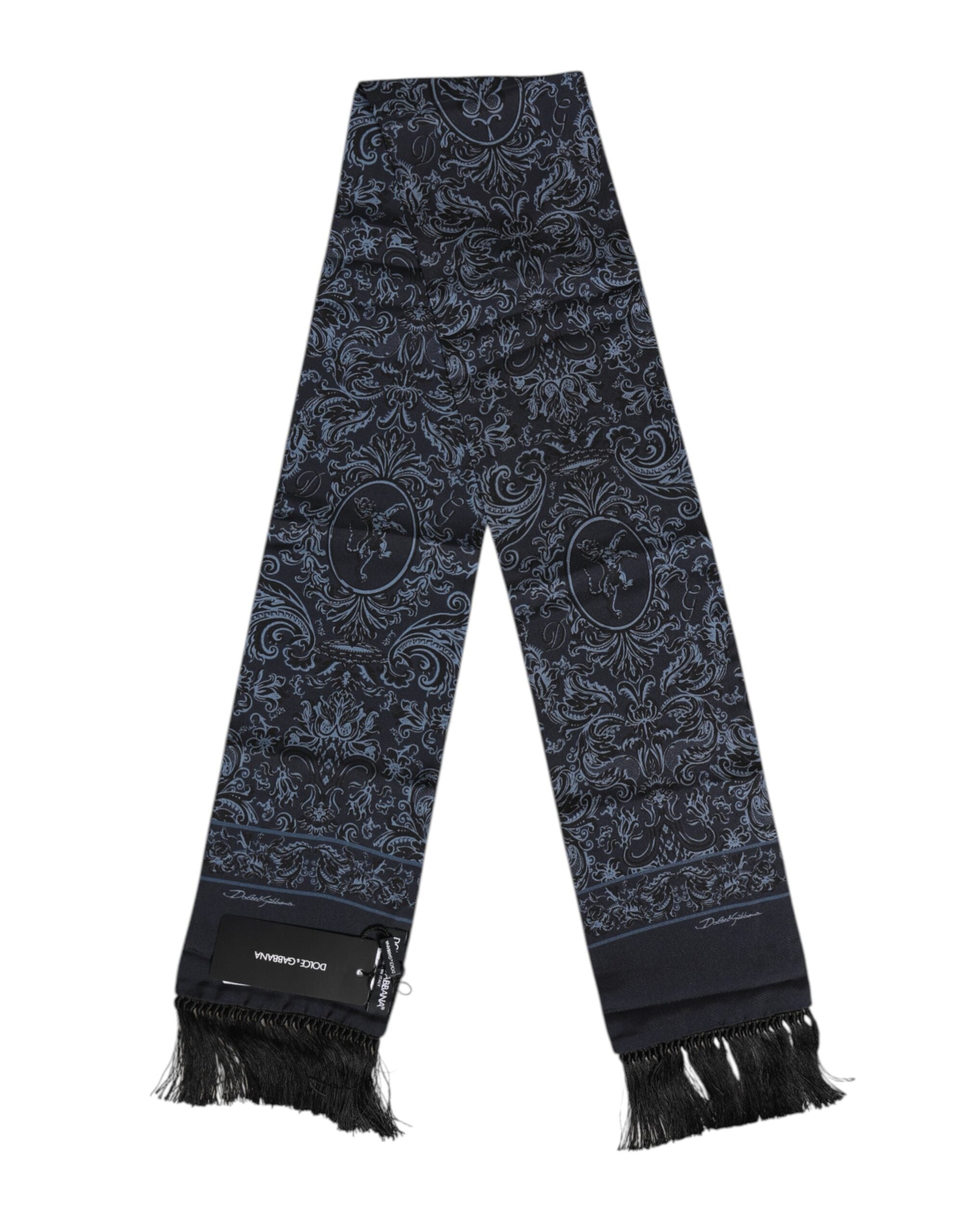 Dolce & Gabbana Blau bedruckte Seide Fransen Männer Foulard Schal