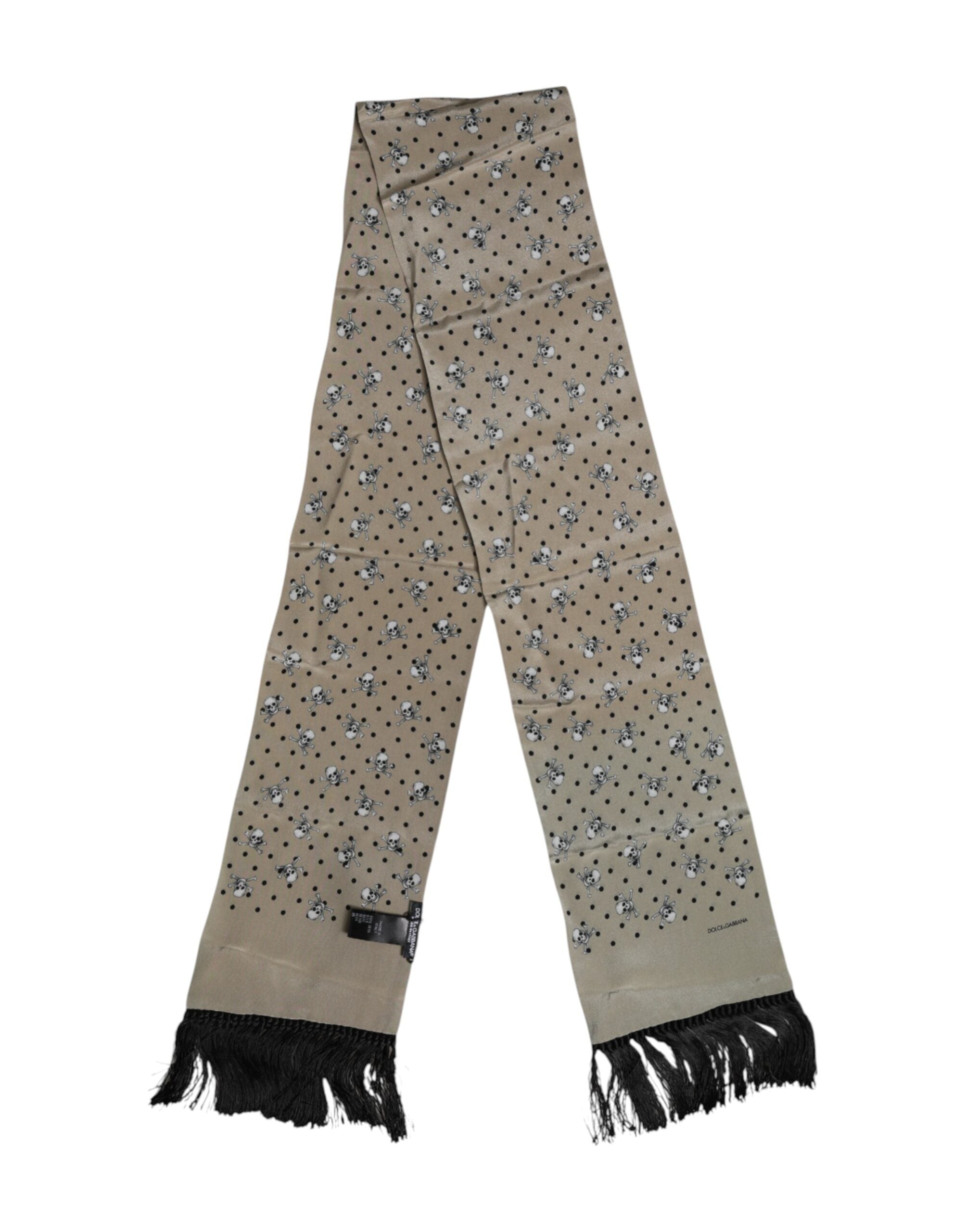 Dolce & Gabbana Graue Totenköpfe Seide Fransen Männer Foulard Schal
