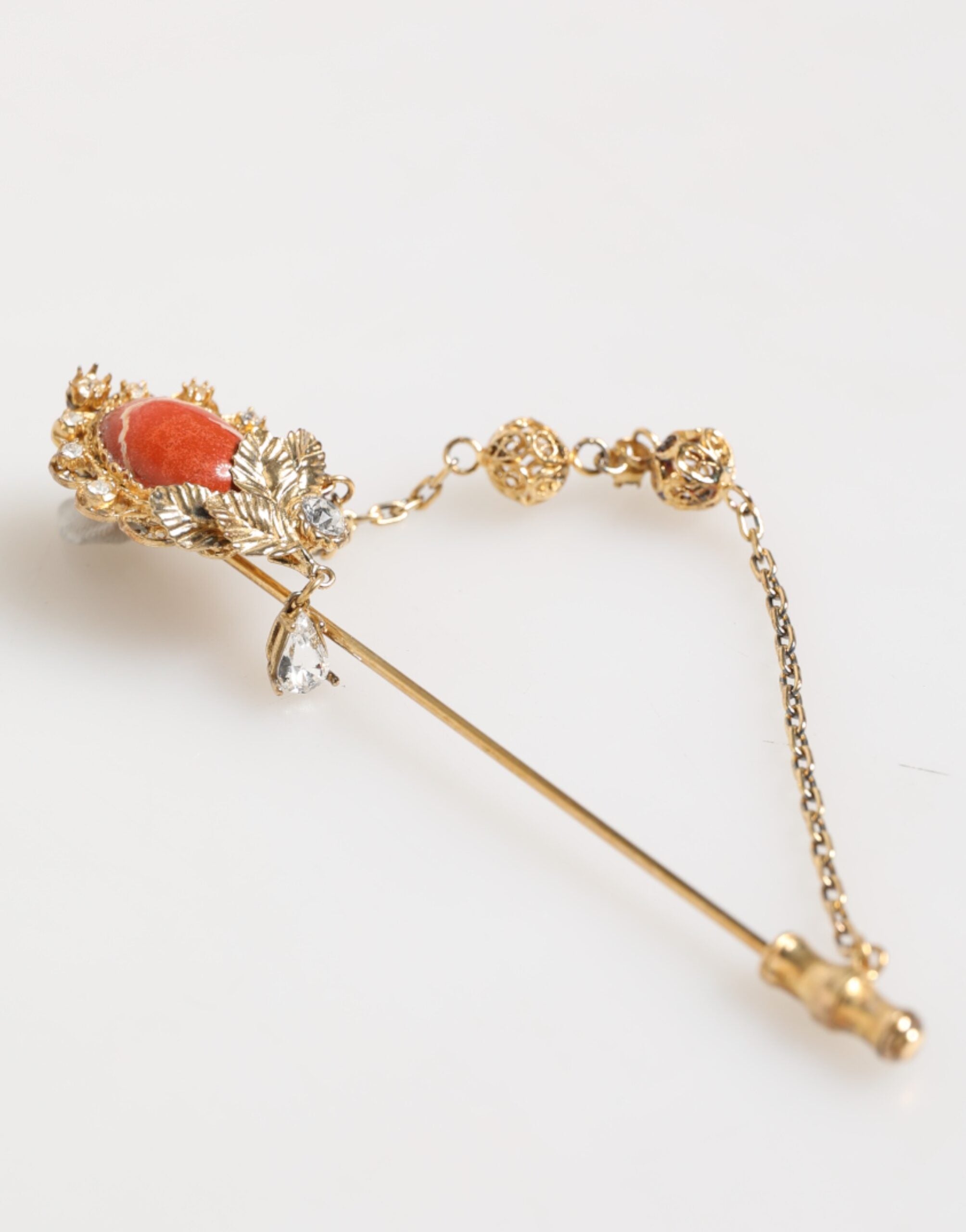 Dolce & Gabbana Gold Messing Kristall Kette 925 Sterling Silber Pin Brosche