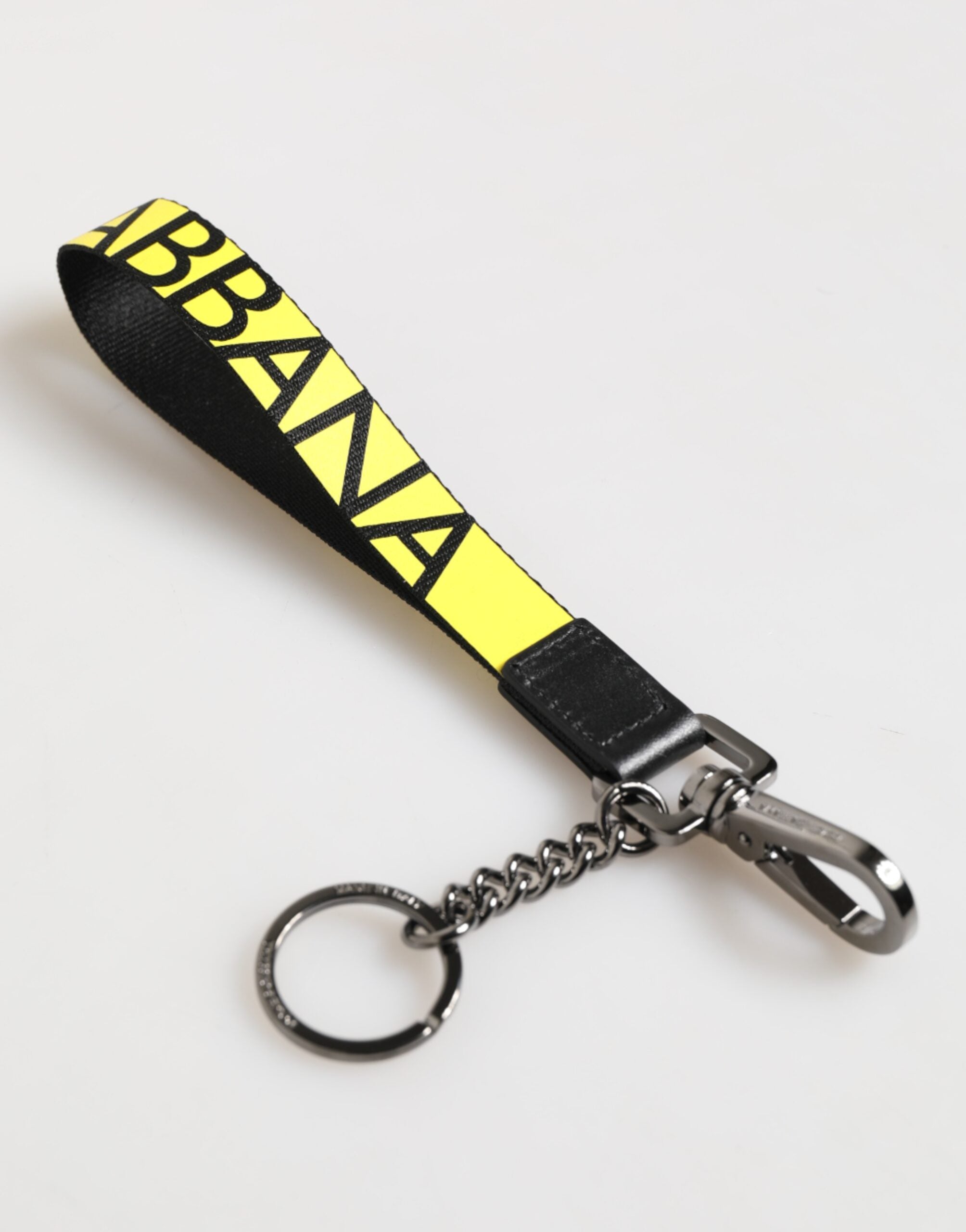 Dolce & Gabbana Gelbes Logo Nylon Silber Messing Halter Schlüsselanhänger Schlüsselring